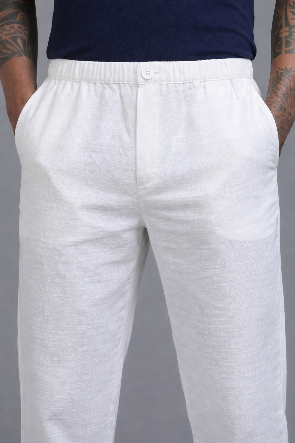 Image of AARTENTERPRISE Men Regular Fit White Linen Blend Trousers