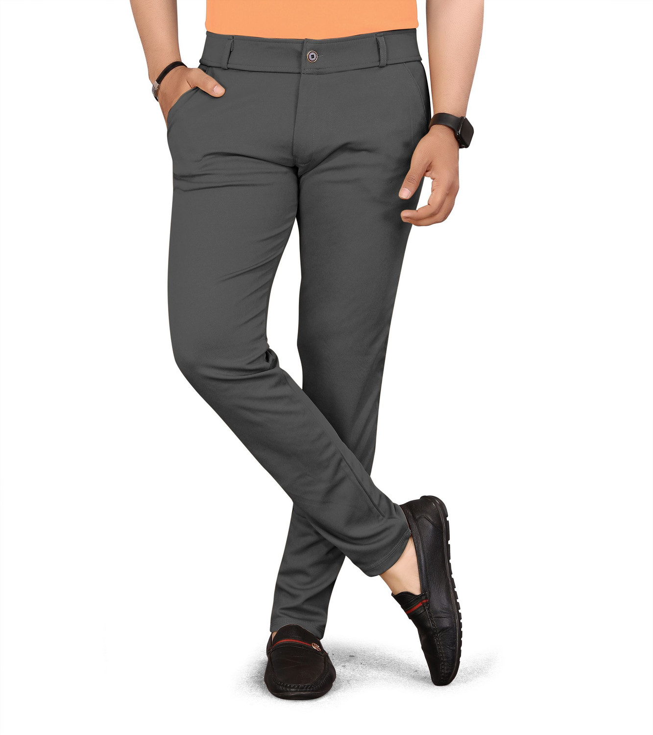 Image of lapataclub Men Relaxed Grey Lycra Blend Trousers