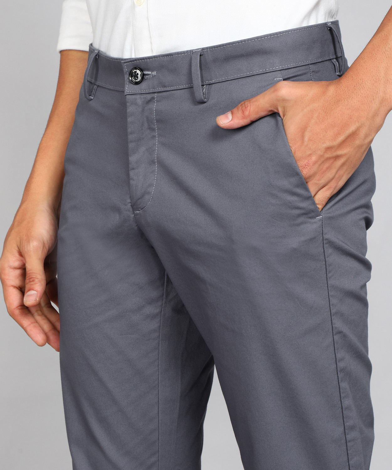Image of Allen Solly Men Regular Fit Grey Cotton Blend Trousers