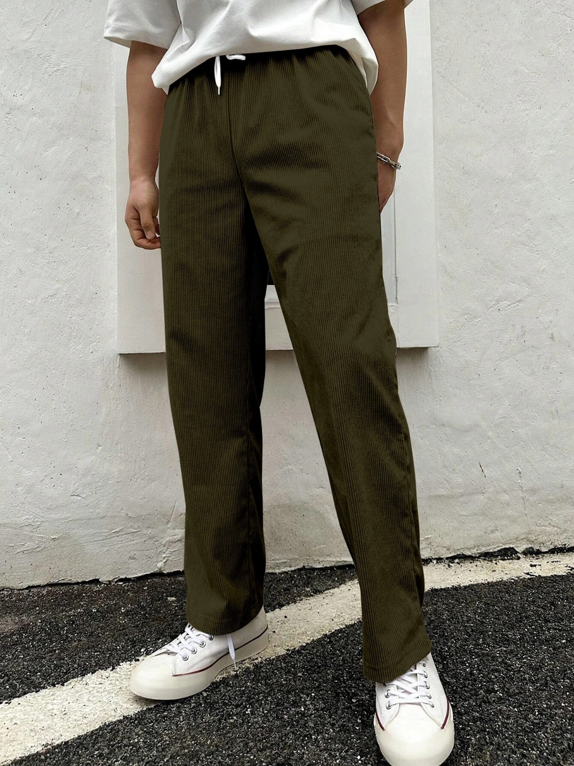 Image of COMBRAIDED Men Loose Fit Green Corduroy Trousers