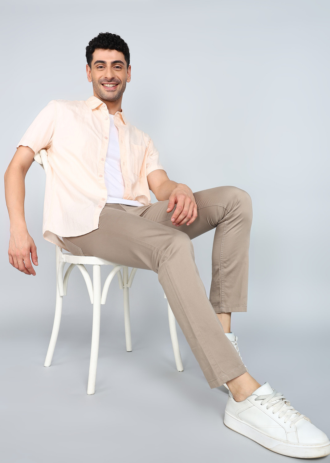 Image of PROVOGUE Men Slim Fit Beige Pure Cotton Trousers
