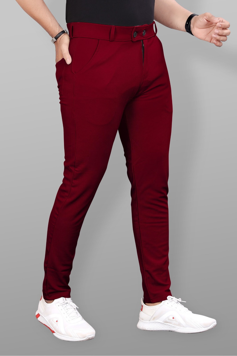 Image of COMBRAIDED Men Red Lycra Blend Trousers