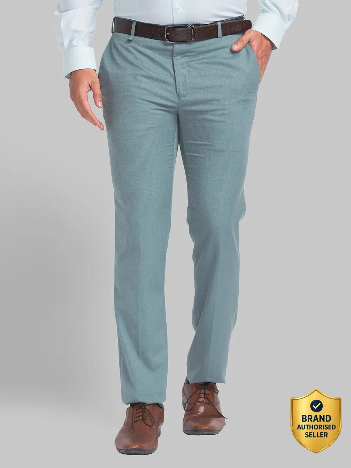 Image of Raymond Men Slim Fit Green Viscose Rayon Trousers