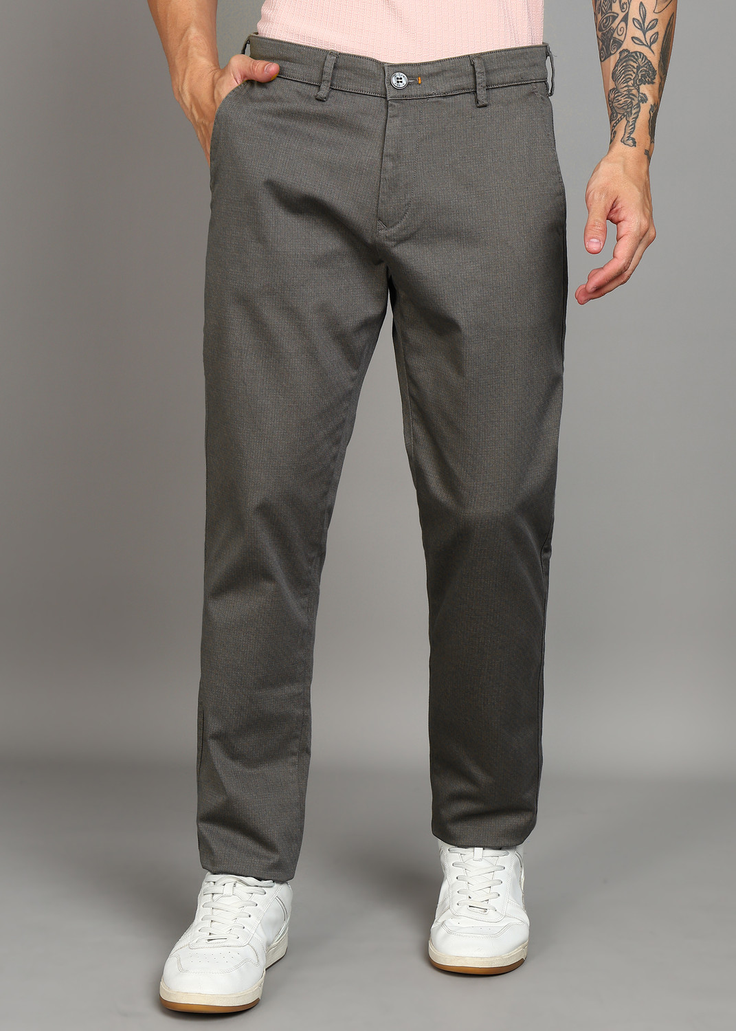 Image of KILLER Men Slim Fit Grey Cotton Blend Trousers