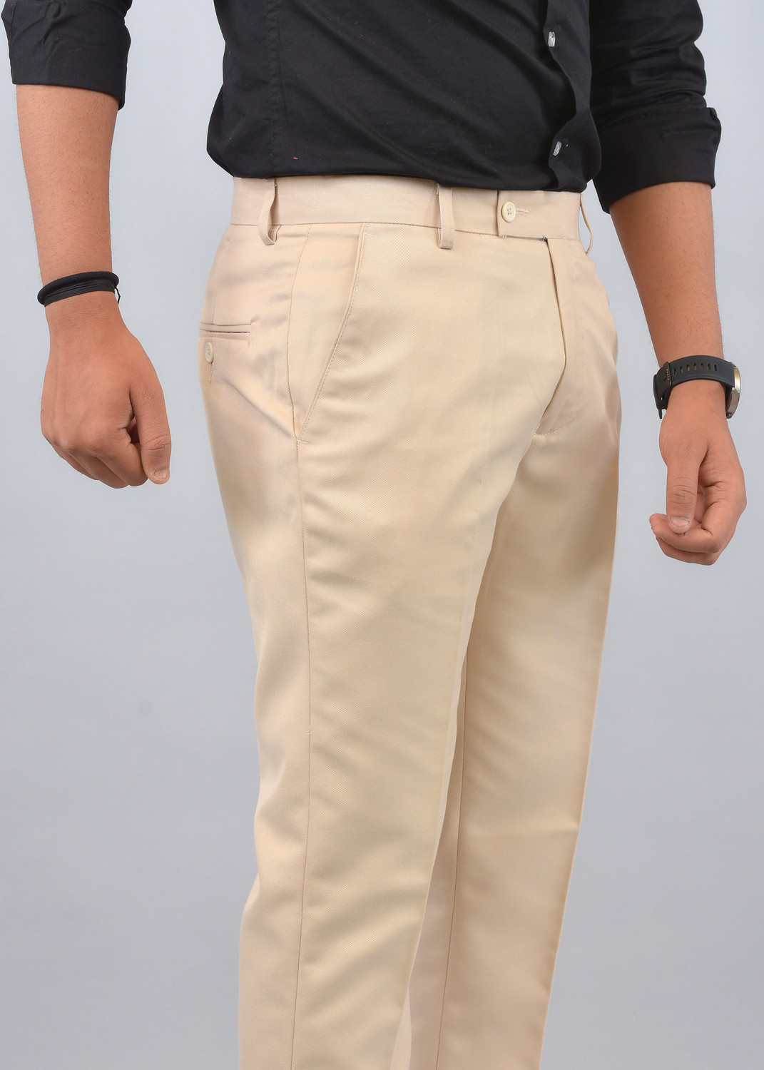 Image of Hoomu Men Regular Fit Beige Cotton Blend Trousers
