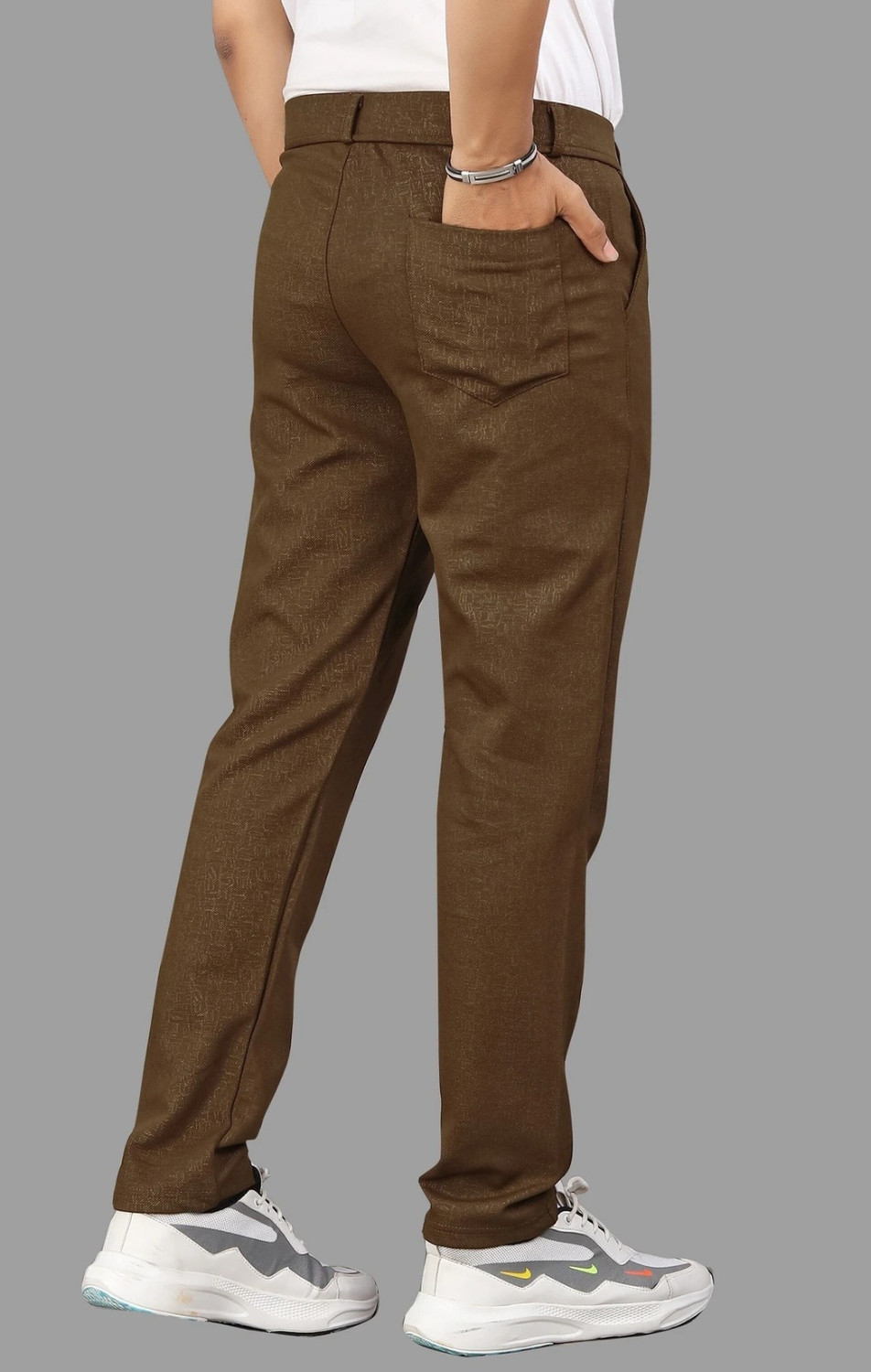 Image of COMBRAIDED Men Slim Fit Brown, White Lycra Blend Trousers