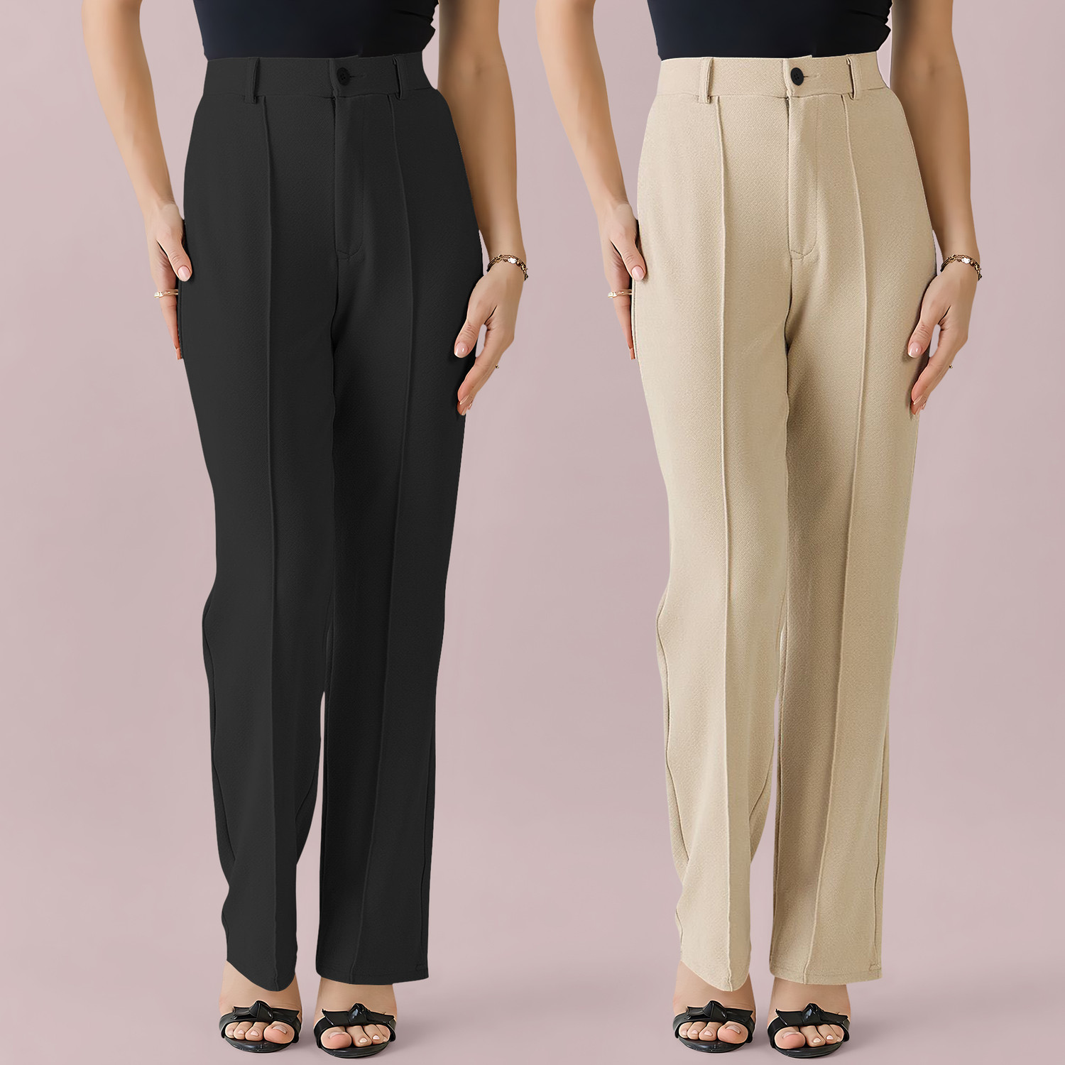 Image of SWADESI STUFF Women Straight Fit Black Cotton Blend Trousers