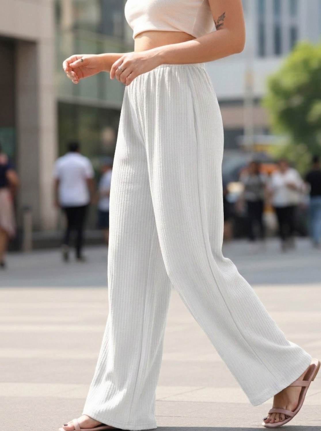 Image of RichWear Women Relaxed, Comfort Fit Cream Linen Blend Trousers