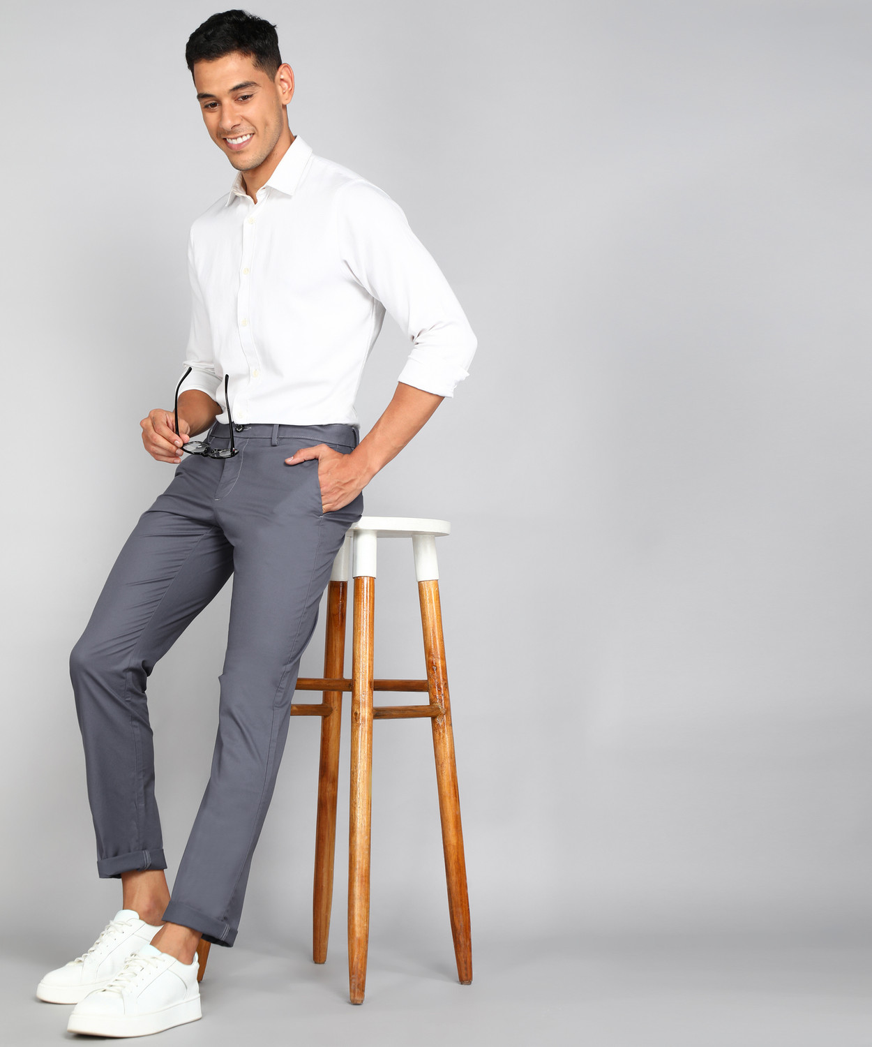 Image of Allen Solly Men Regular Fit Grey Cotton Blend Trousers