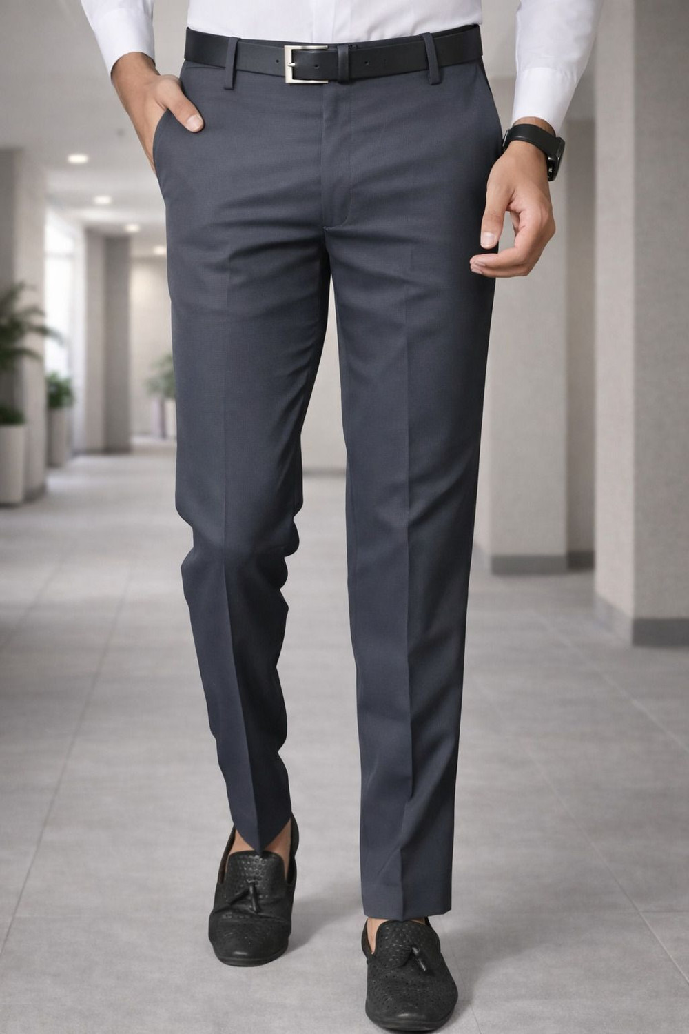 Image of The Revenant Men Slim Fit Grey Cotton Blend Trousers