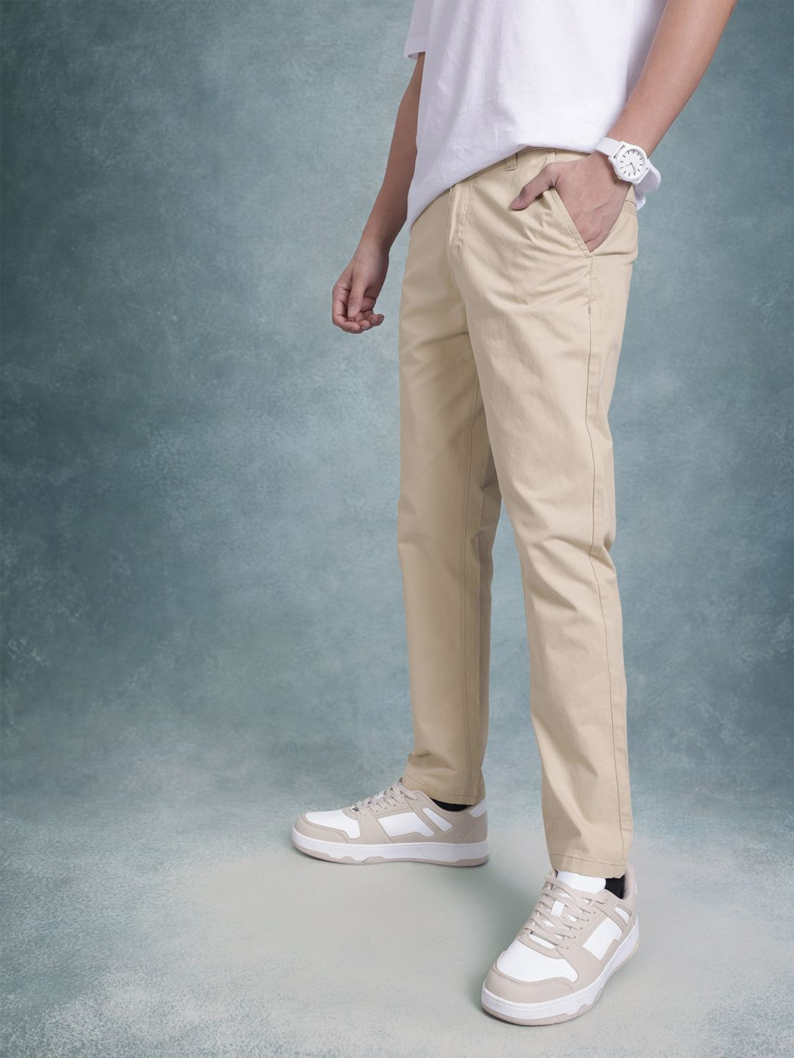 Image of Roadster Men Regular Fit Beige Cotton Blend Trousers