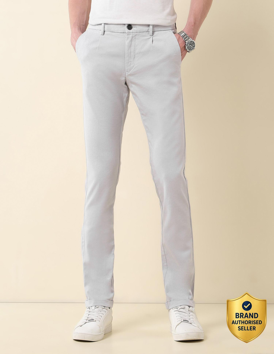 Image of U.S. POLO ASSN. Men Slim Fit Grey Cotton Blend Trousers