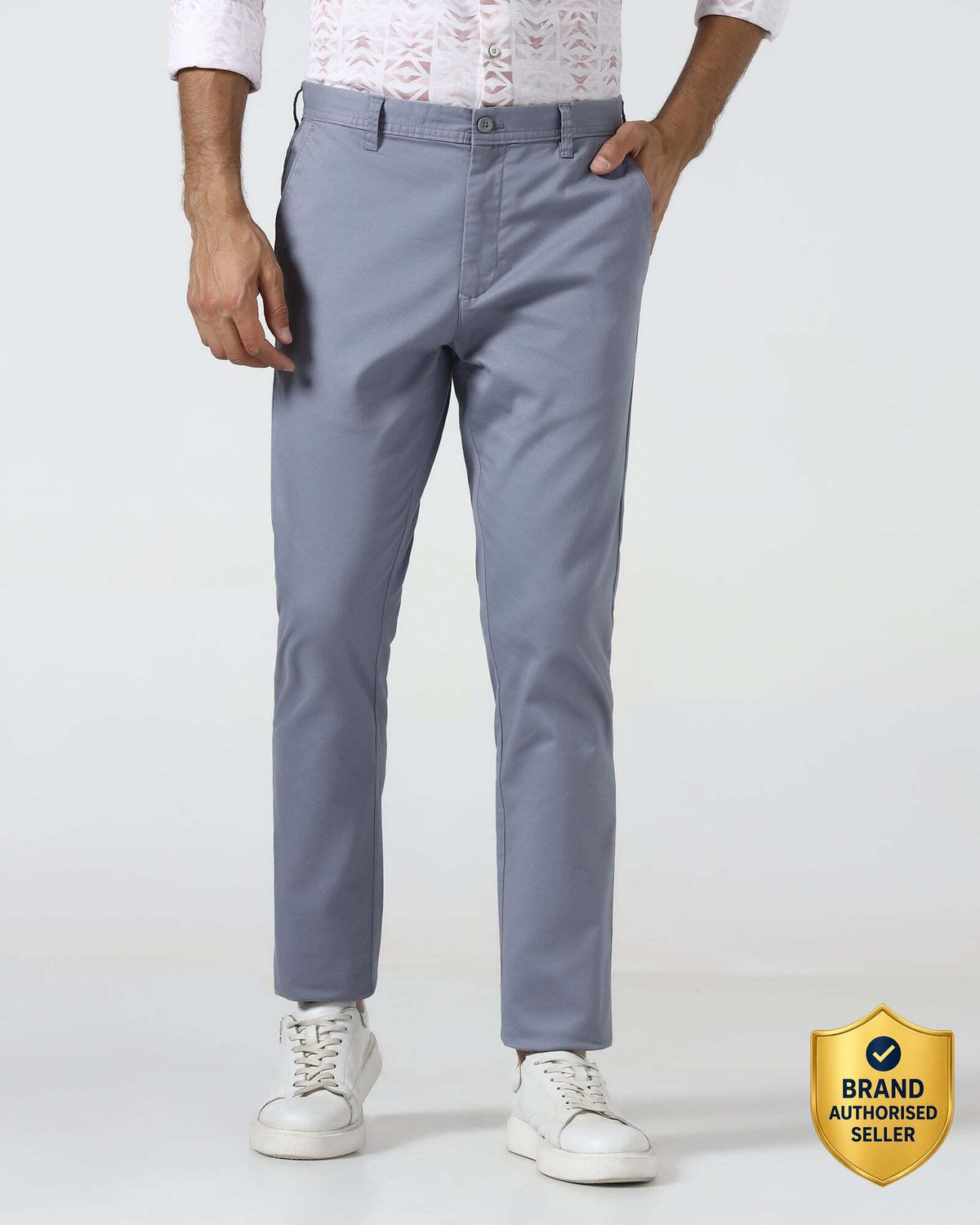 Image of MONTE CARLO Men Slim Fit Grey Cotton Blend Trousers