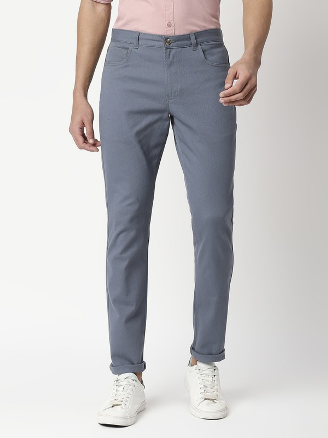 Image of THOMAS SCOTT Men Regular Fit Blue Cotton Blend Trousers