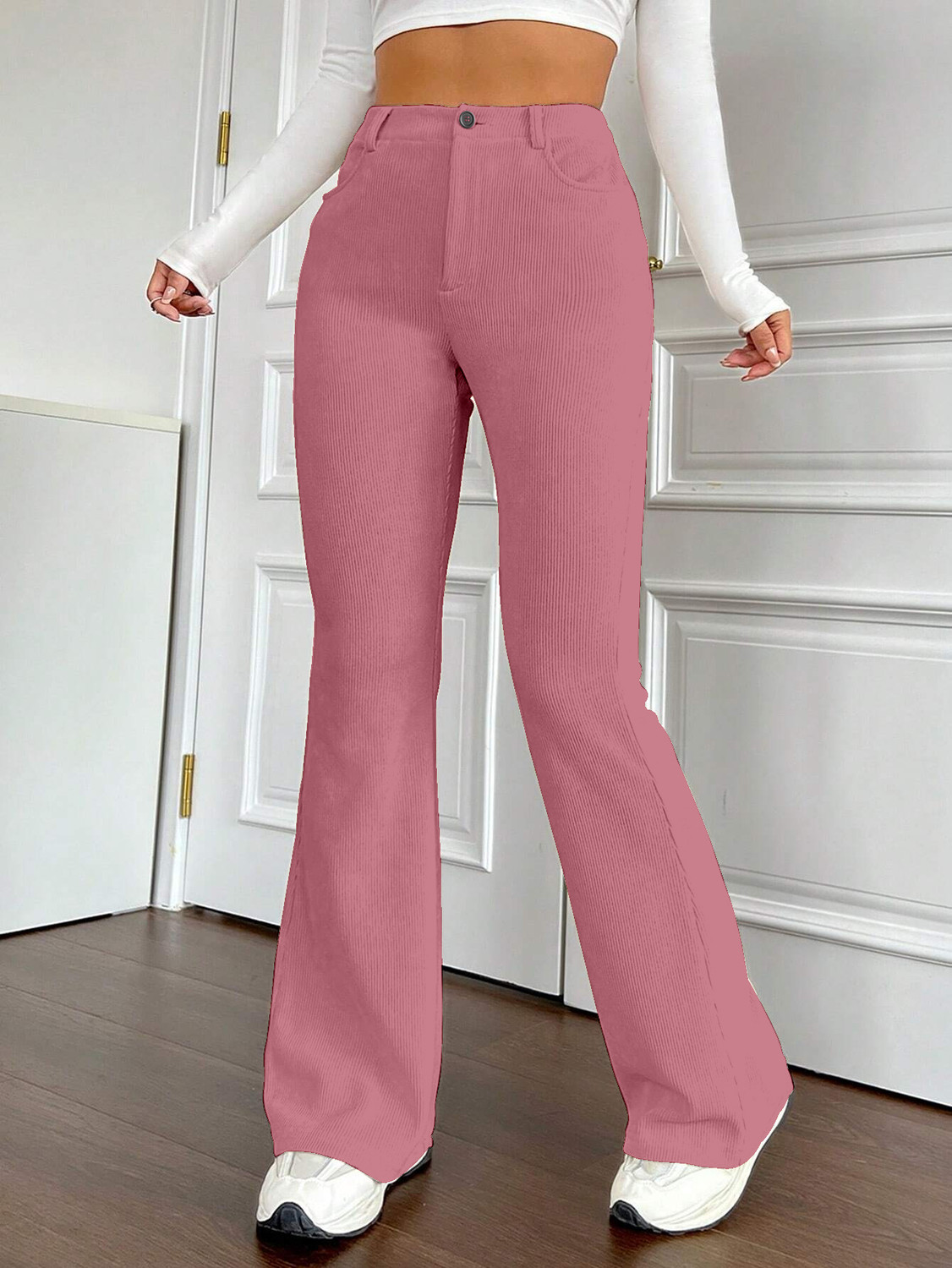 Image of IMPERATIVE by NEU LOOK Women Flared Pink Lycra Blend Trousers