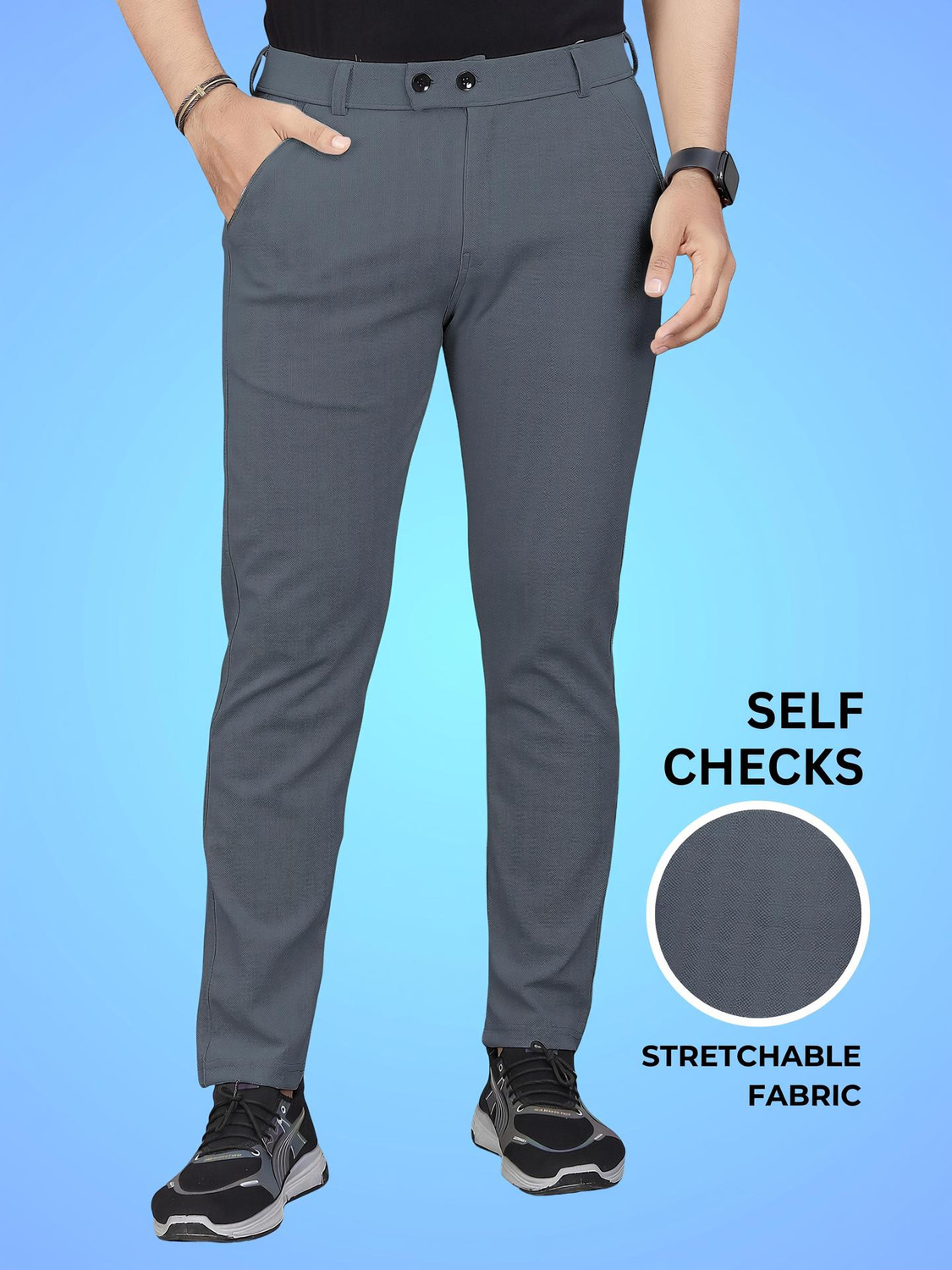 Image of lapataclub Men Relaxed Grey Lycra Blend Trousers