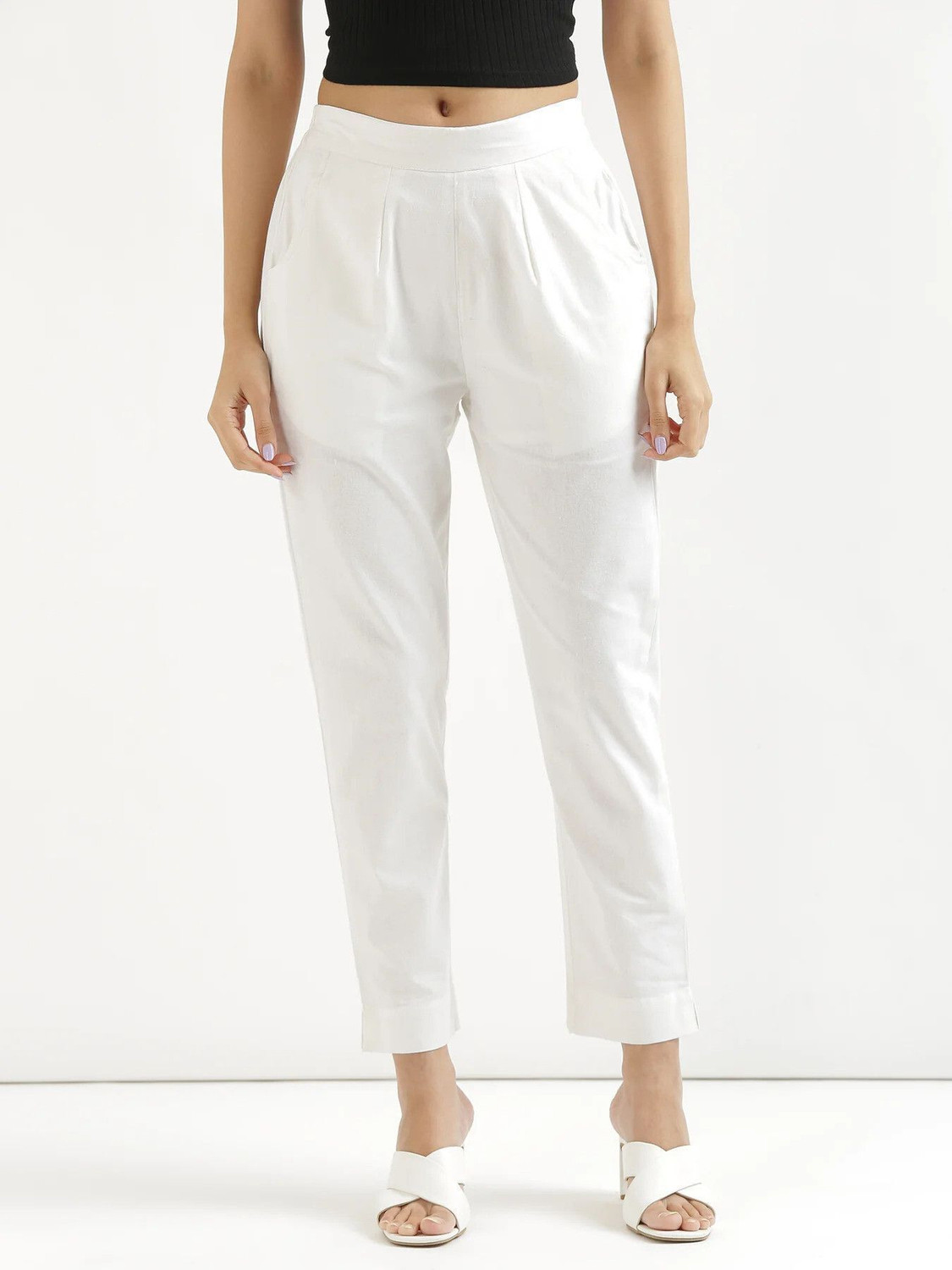 Image of Shopbering Women Straight Fit White Cotton Blend Trousers