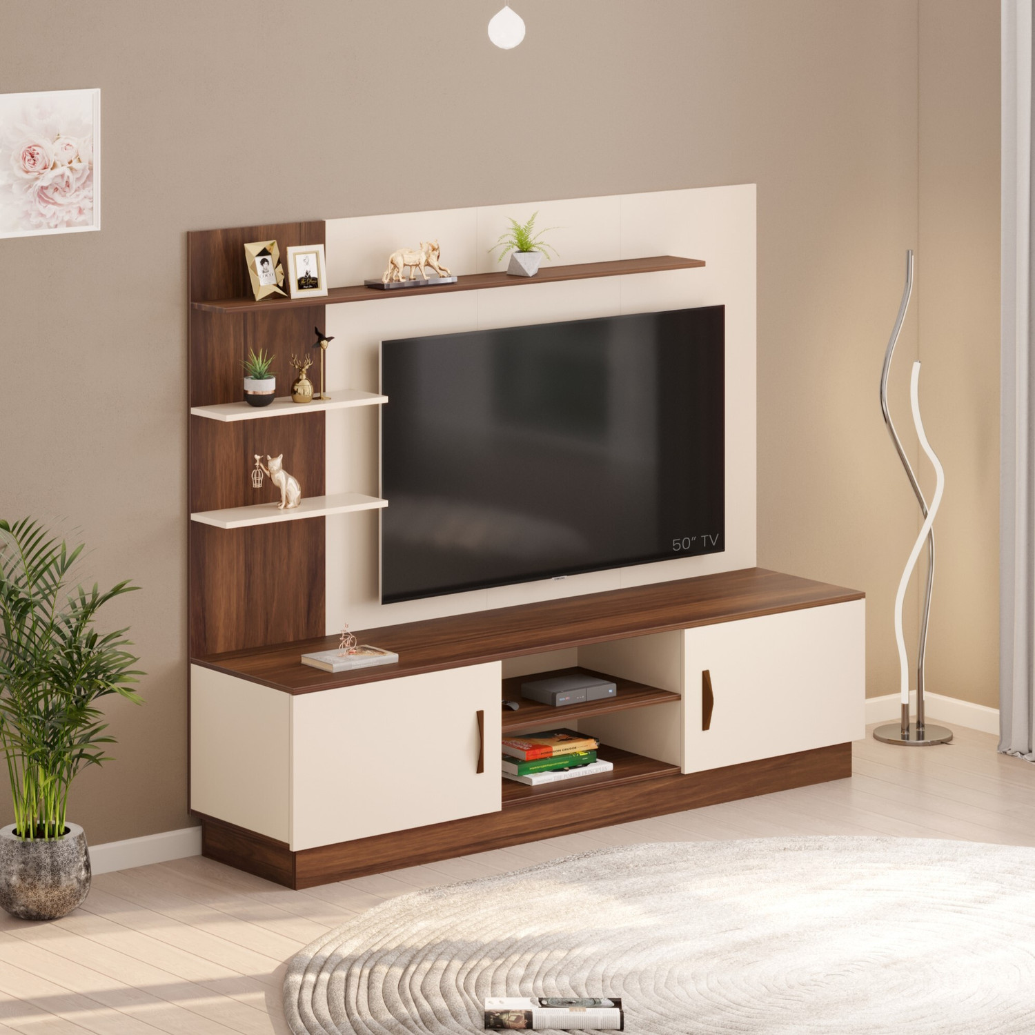 Image of Madesa 187cm Width, Modern Engineered Wood TV Entertainment Unit (Finish Color - Brown, Knock Down)