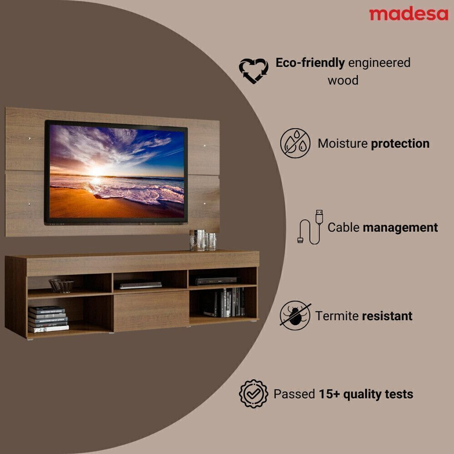 Image of Madesa 187cm Width, Modern Engineered Wood TV Entertainment Unit (Finish Color - Brown, Knock Down)