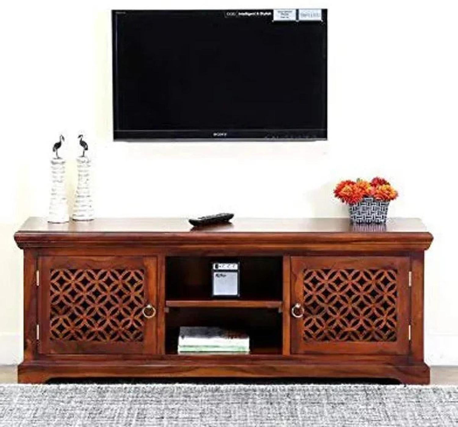 Image of Shree Jeen Mata Enterprises Solid Wood TV Cabinet|Wooden TV Rack|Sheesham Wood TV Entertainment Unit|TV Rack Solid Wood TV Entertainment Unit (Finish Color - Honey Teak, Pre-assembled)