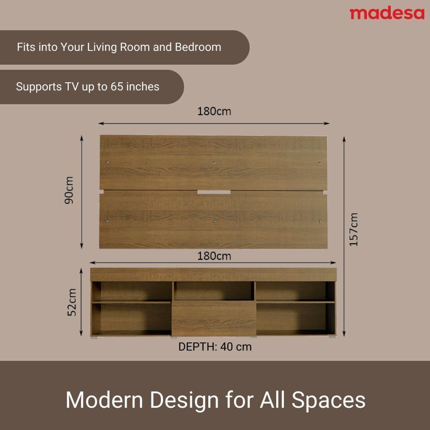Image of Madesa 187cm Width, Modern Engineered Wood TV Entertainment Unit (Finish Color - Brown, Knock Down)