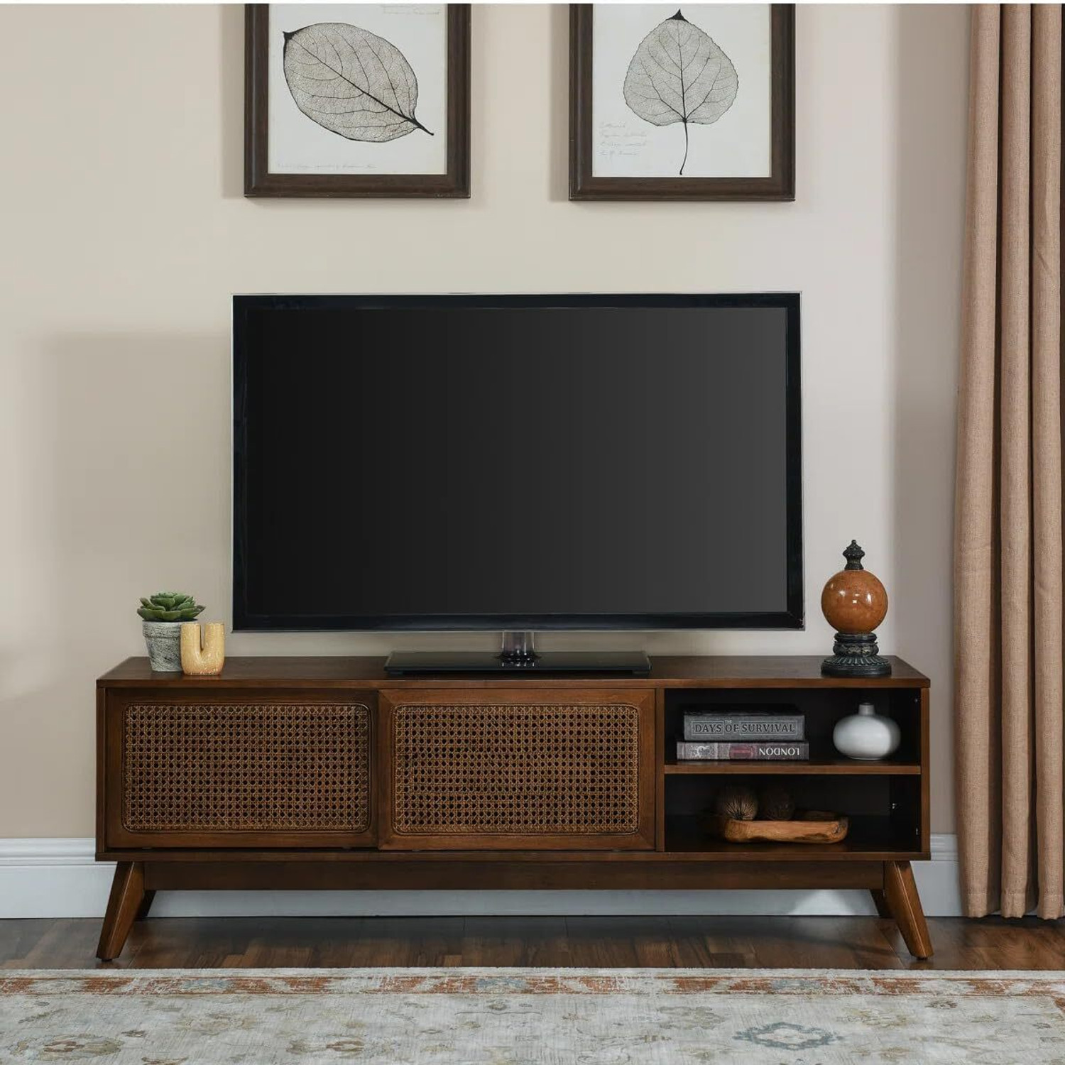 Image of ISHIKA FURNITURE Screenza Mid-Century Modern TV Stand with 4 Door Panels, Solid Wood TV Entertainment Unit (Finish Color - Walnut Finish, DIY(Do-It-Yourself))