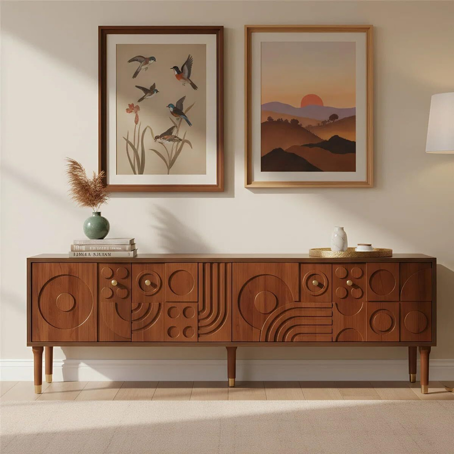 Image of ISHIKA FURNITURE Screenza Mid-Century Modern TV Stand with 4 Door Panels, Solid Wood TV Entertainment Unit (Finish Color - Walnut Finish, DIY(Do-It-Yourself))