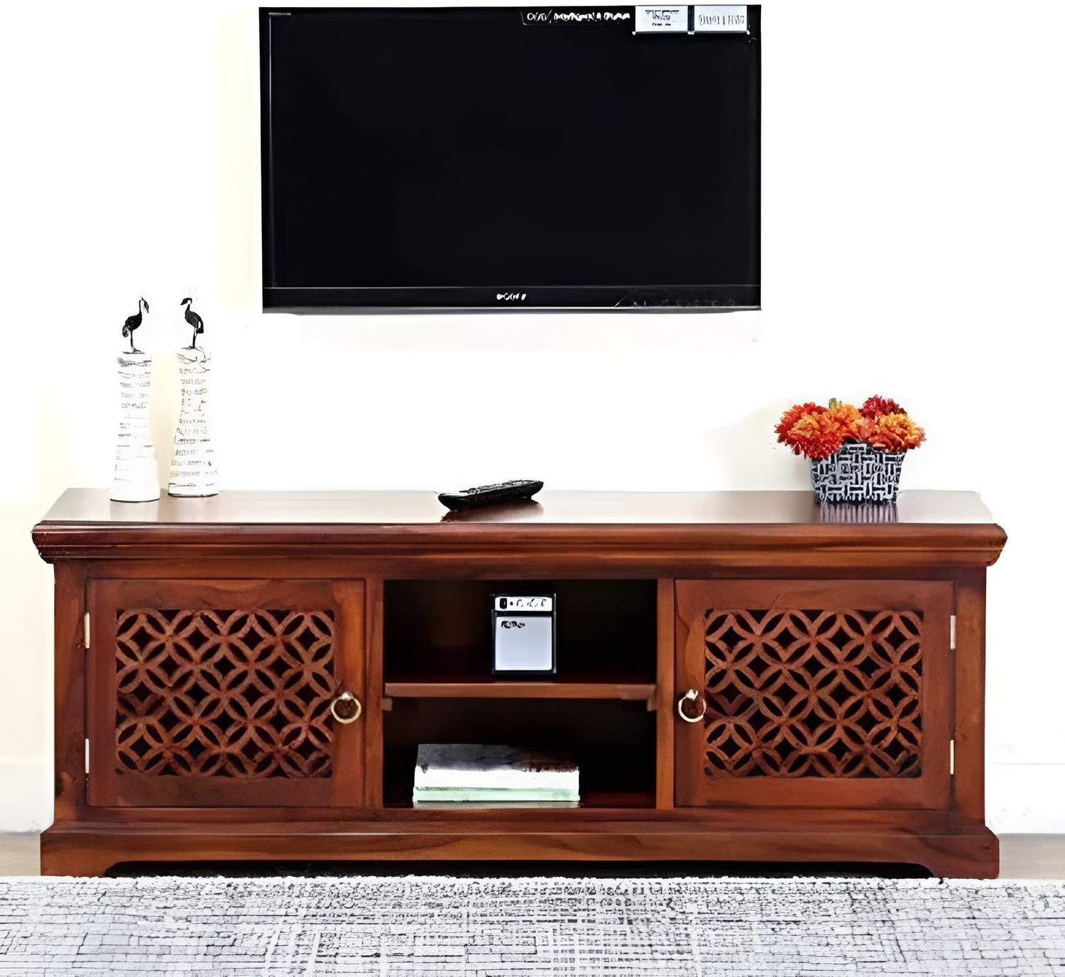Image of Shree Jeen Mata Enterprises Solid Wood TV Cabinet|Wooden TV Rack|Sheesham Wood TV Entertainment Unit|TV Rack Solid Wood TV Entertainment Unit (Finish Color - Honey Teak, Pre-assembled)