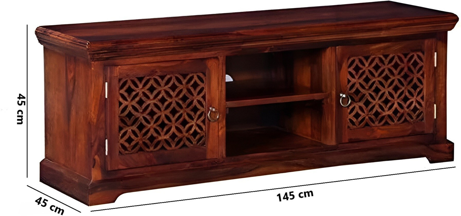 Image of Shree Jeen Mata Enterprises Solid Wood TV Cabinet|Wooden TV Rack|Sheesham Wood TV Entertainment Unit|TV Rack Solid Wood TV Entertainment Unit (Finish Color - Honey Teak, Pre-assembled)
