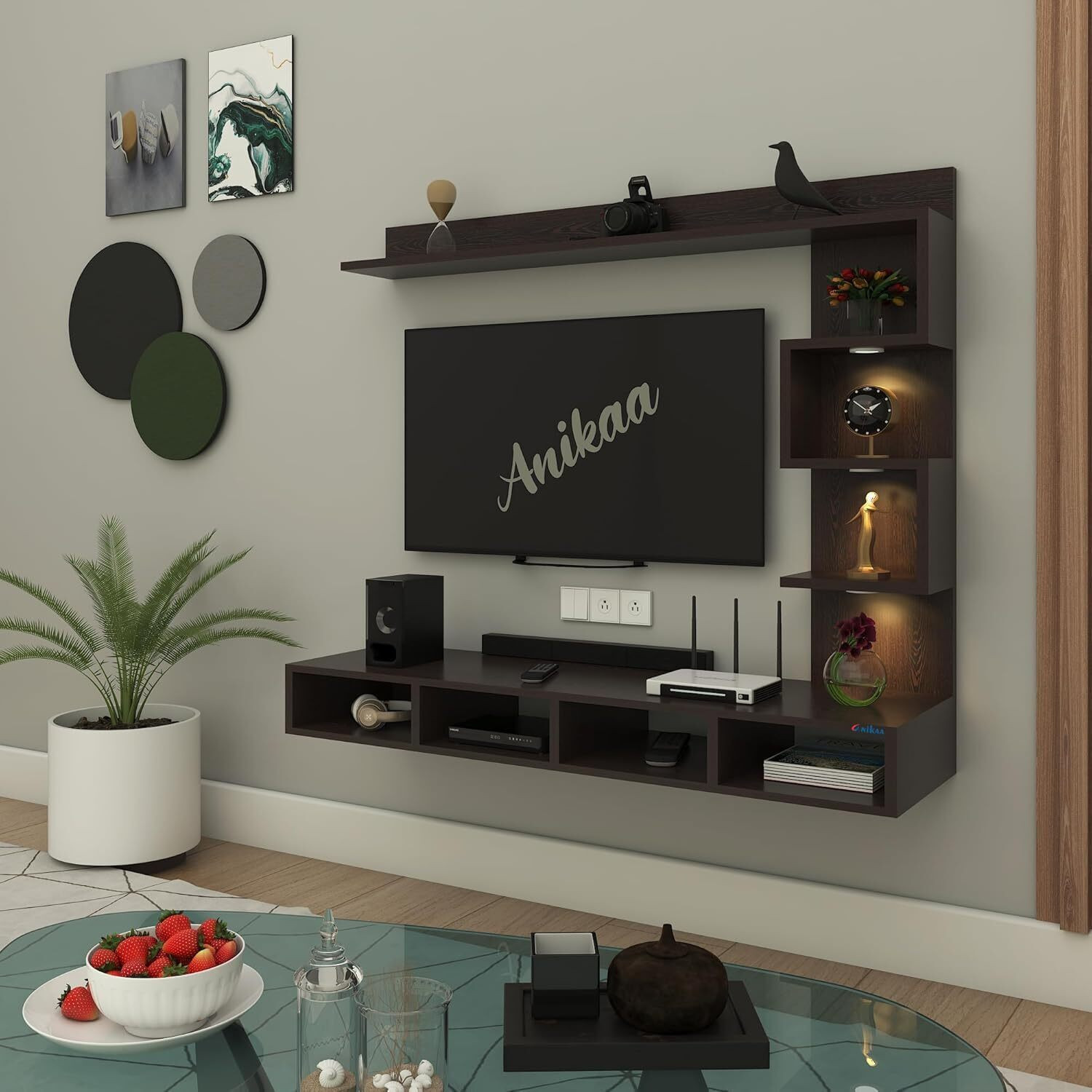 Image of Madesa 187cm Width, Modern Engineered Wood TV Entertainment Unit (Finish Color - Brown, Knock Down)