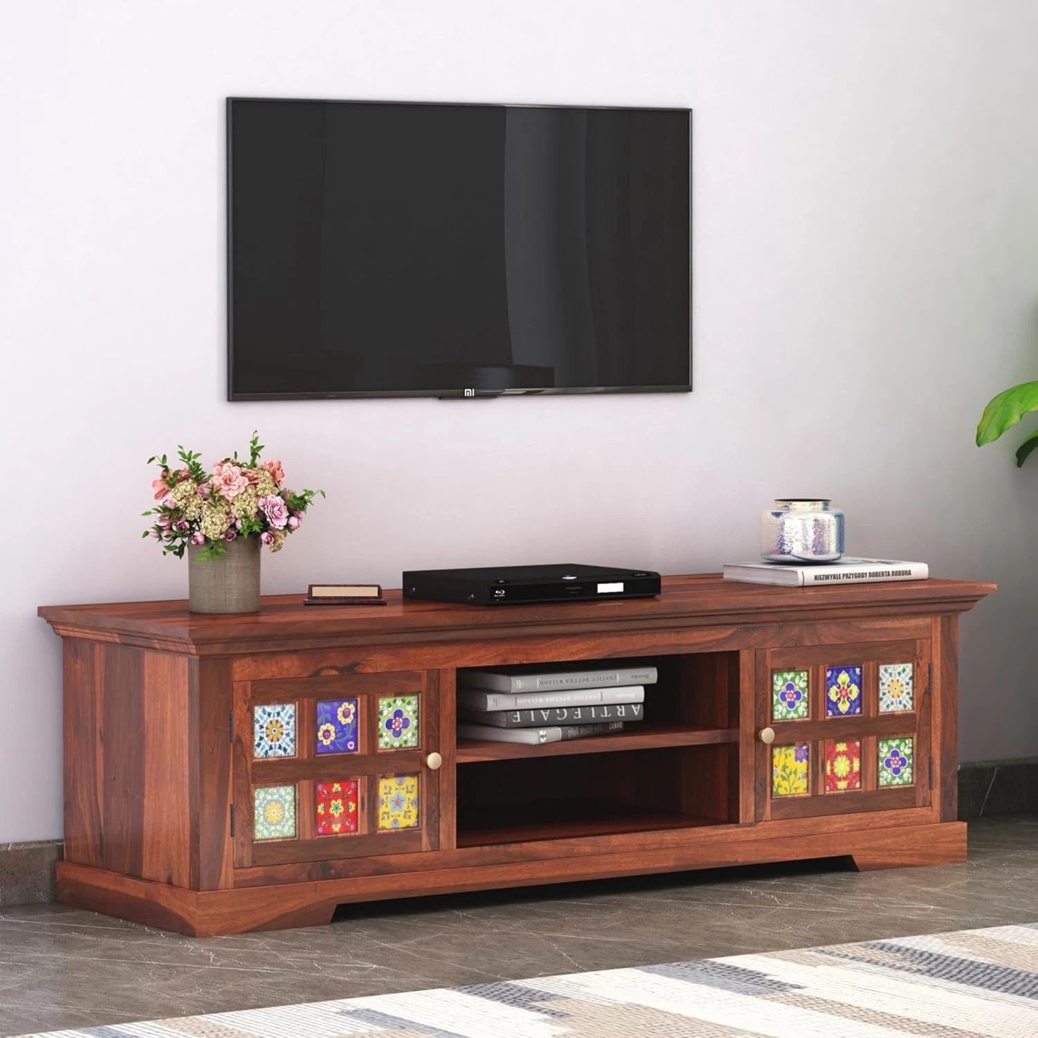 Image of Shree Jeen Mata Enterprises Solid Wood TV Cabinet|Wooden TV Rack|Sheesham Wood TV Entertainment Unit|TV Rack Solid Wood TV Entertainment Unit (Finish Color - Honey Teak, Pre-assembled)