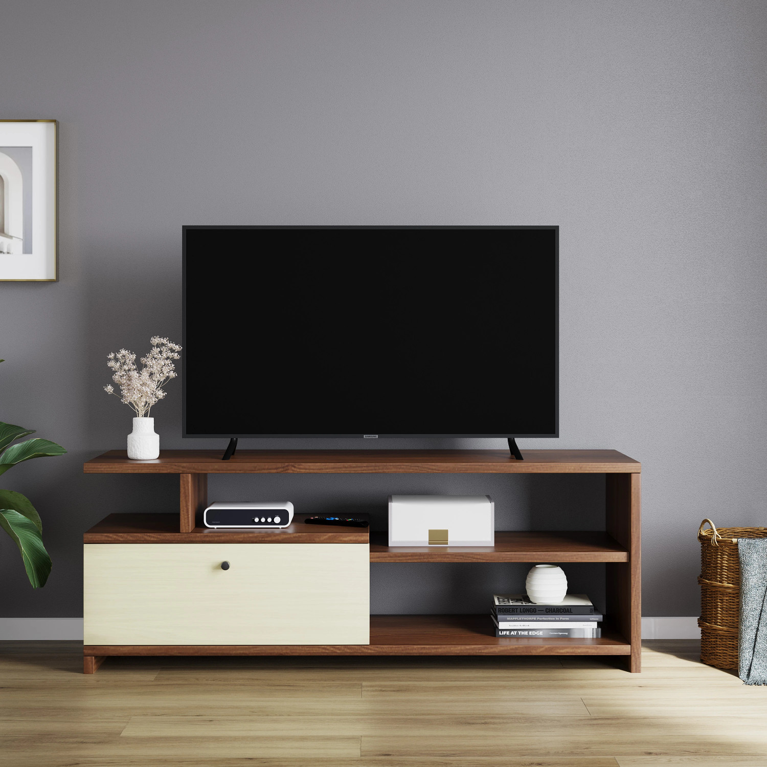 Image of FURNEASER Dexon Tv Unit | Led TV Cabinet | TV Stand for 55 inch | Engineered Wood TV Entertainment Unit (Finish Color - Exotic Teak, DIY(Do-It-Yourself))