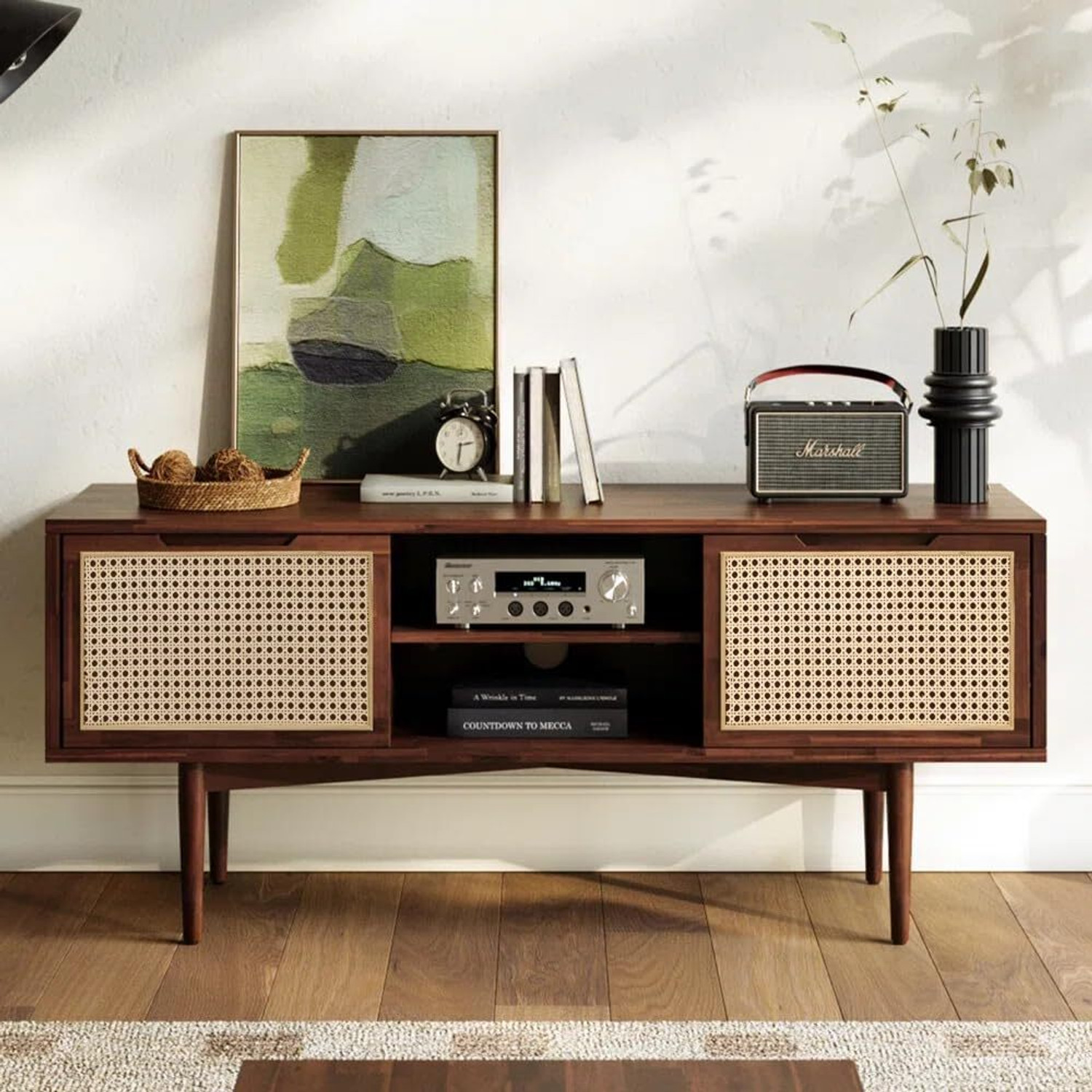 Image of ISHIKA FURNITURE Screenza Mid-Century Modern TV Stand with 4 Door Panels, Solid Wood TV Entertainment Unit (Finish Color - Walnut Finish, DIY(Do-It-Yourself))
