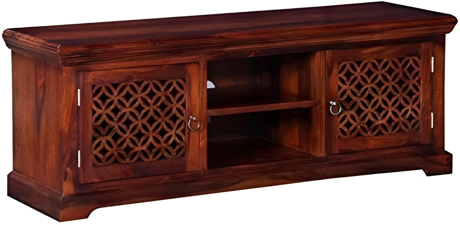 Image of Shree Jeen Mata Enterprises Solid Wood TV Cabinet|Wooden TV Rack|Sheesham Wood TV Entertainment Unit|TV Rack Solid Wood TV Entertainment Unit (Finish Color - Honey Teak, Pre-assembled)
