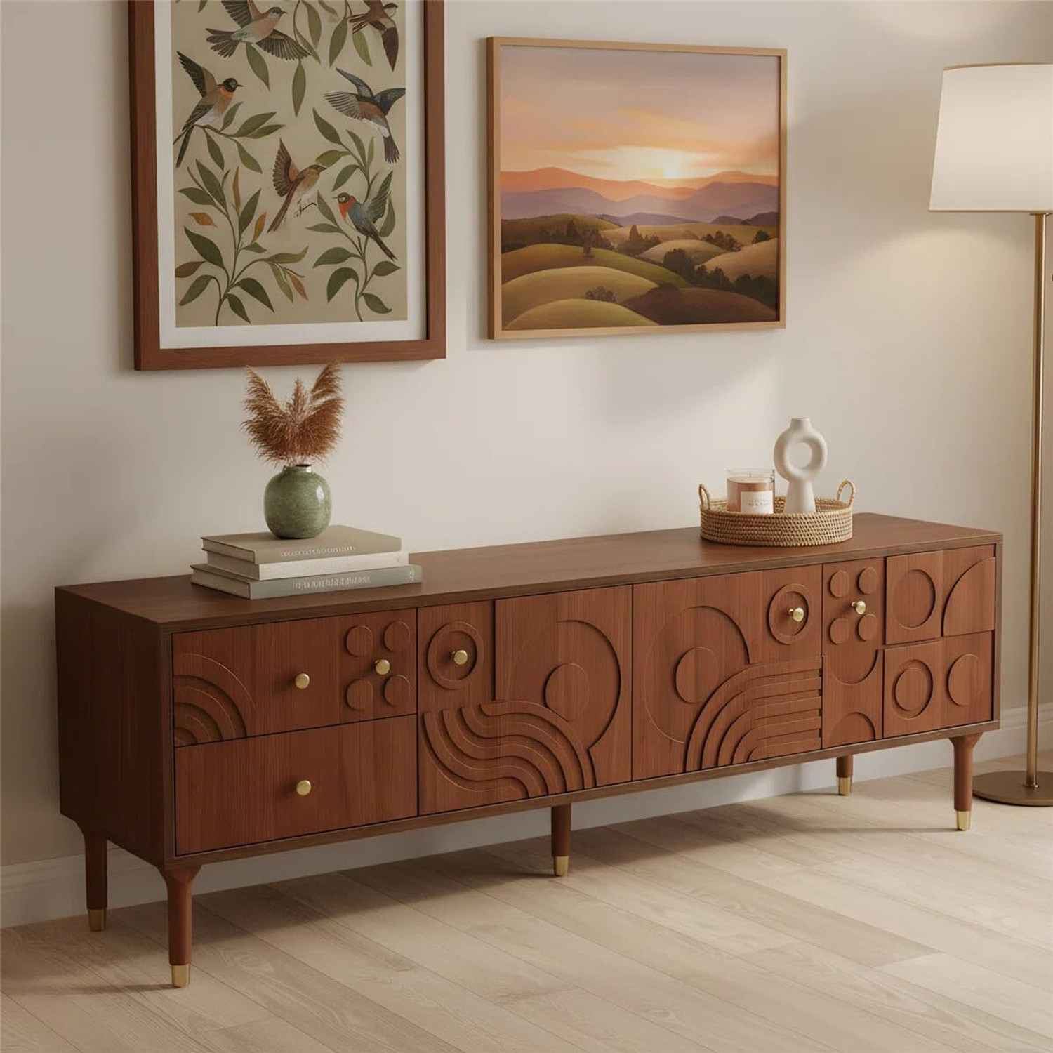Image of ISHIKA FURNITURE Screenza Mid-Century Modern TV Stand with 4 Door Panels, Solid Wood TV Entertainment Unit (Finish Color - Walnut Finish, DIY(Do-It-Yourself))