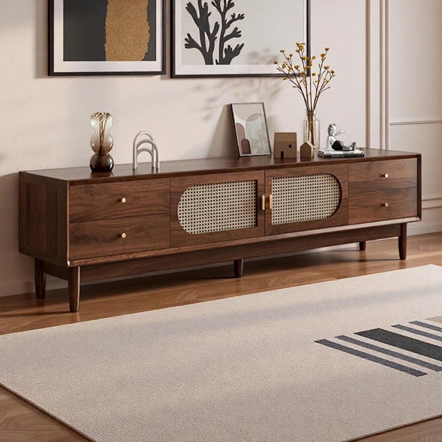 Image of ISHIKA FURNITURE Screenza Mid-Century Modern TV Stand with 4 Door Panels, Solid Wood TV Entertainment Unit (Finish Color - Walnut Finish, DIY(Do-It-Yourself))