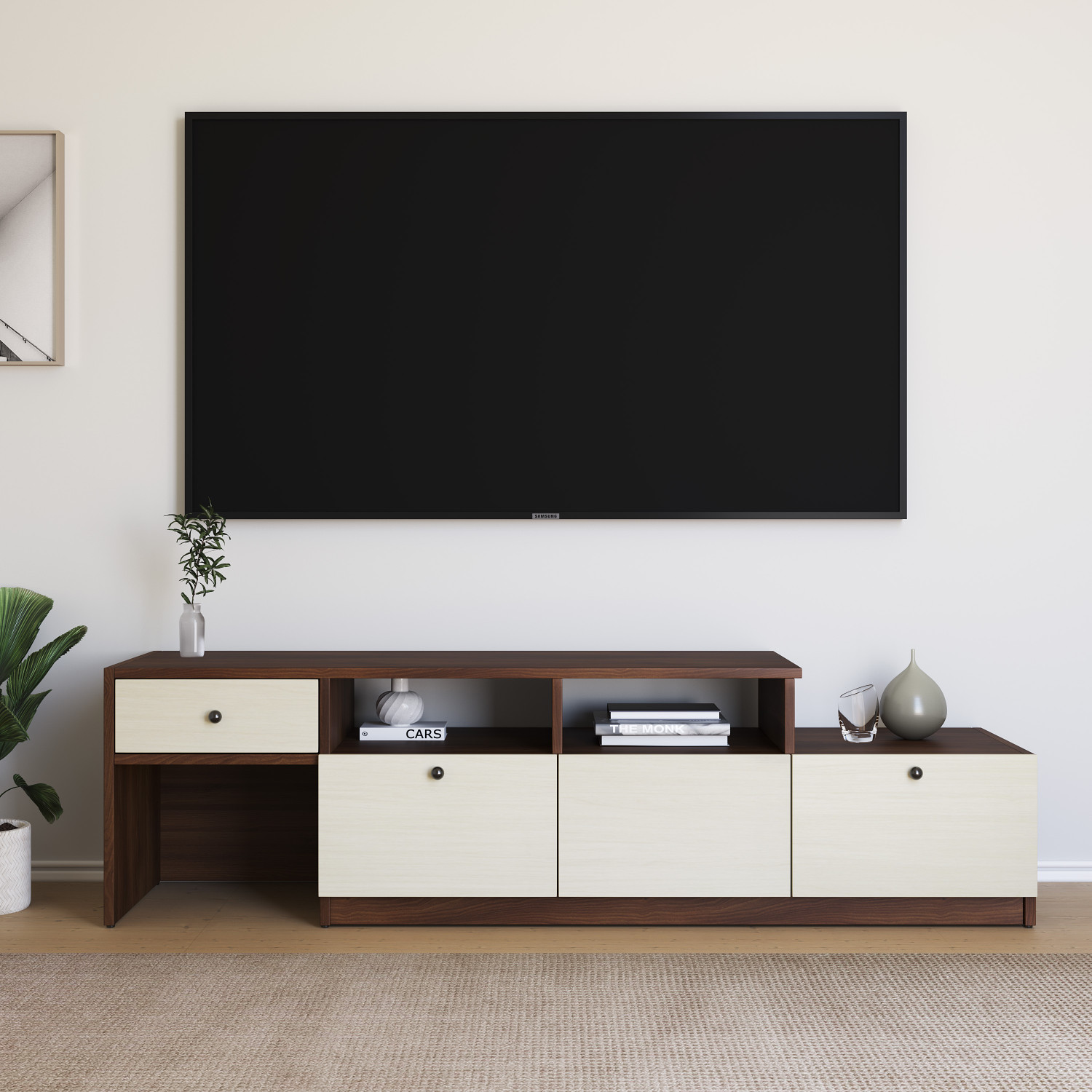 Image of Madesa 187cm Width, Modern Engineered Wood TV Entertainment Unit (Finish Color - Brown, Knock Down)