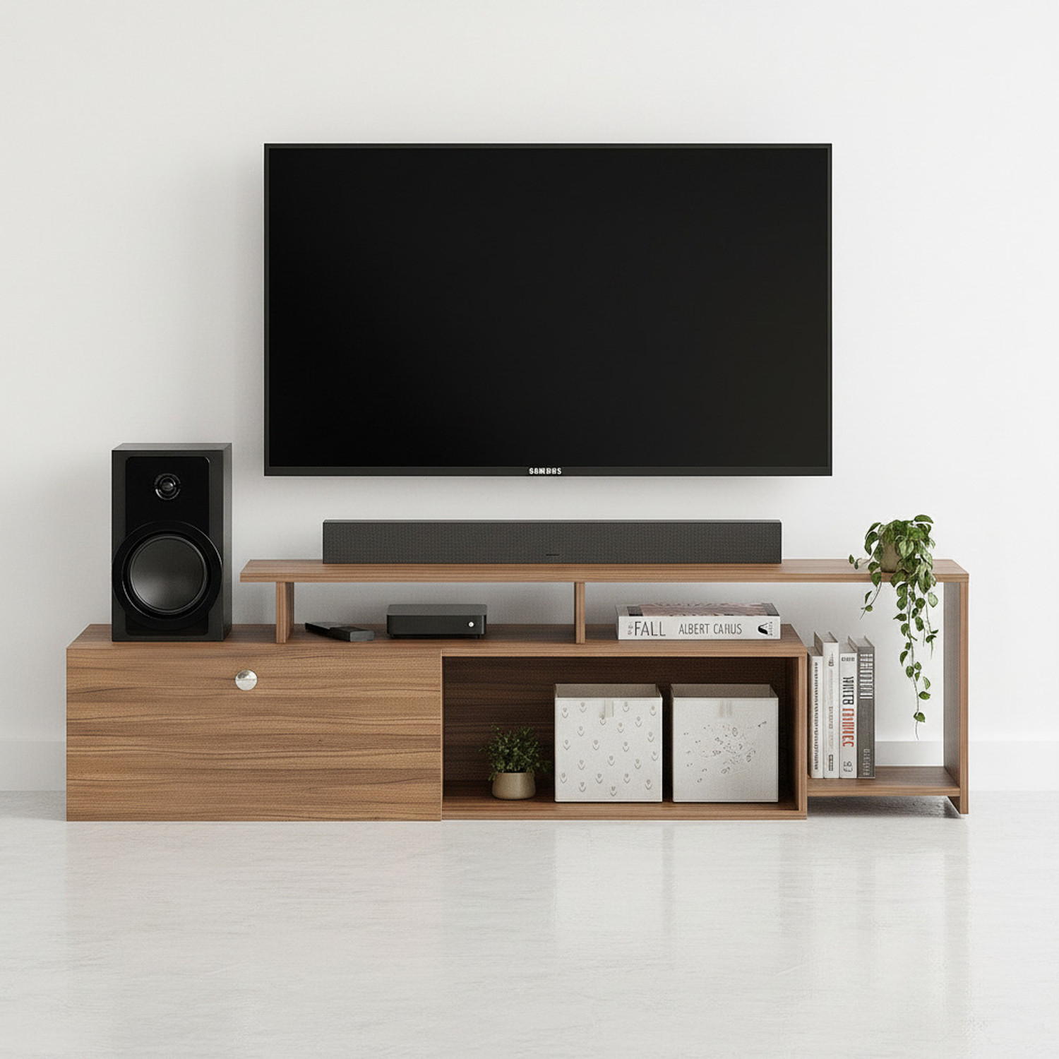 Image of FURNEASER Dexon Tv Unit | Led TV Cabinet | TV Stand for 55 inch | Engineered Wood TV Entertainment Unit (Finish Color - Exotic Teak, DIY(Do-It-Yourself))