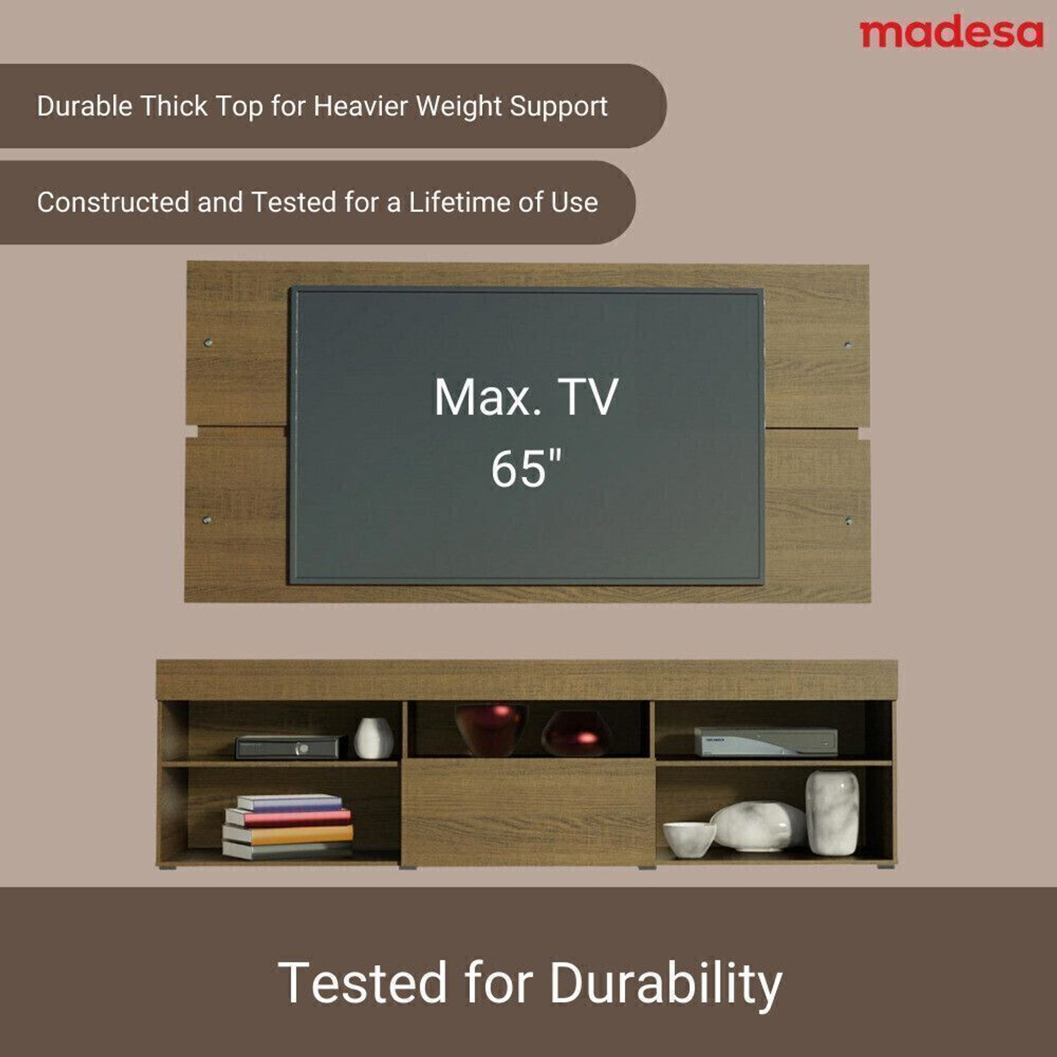 Image of Madesa 187cm Width, Modern Engineered Wood TV Entertainment Unit (Finish Color - Brown, Knock Down)