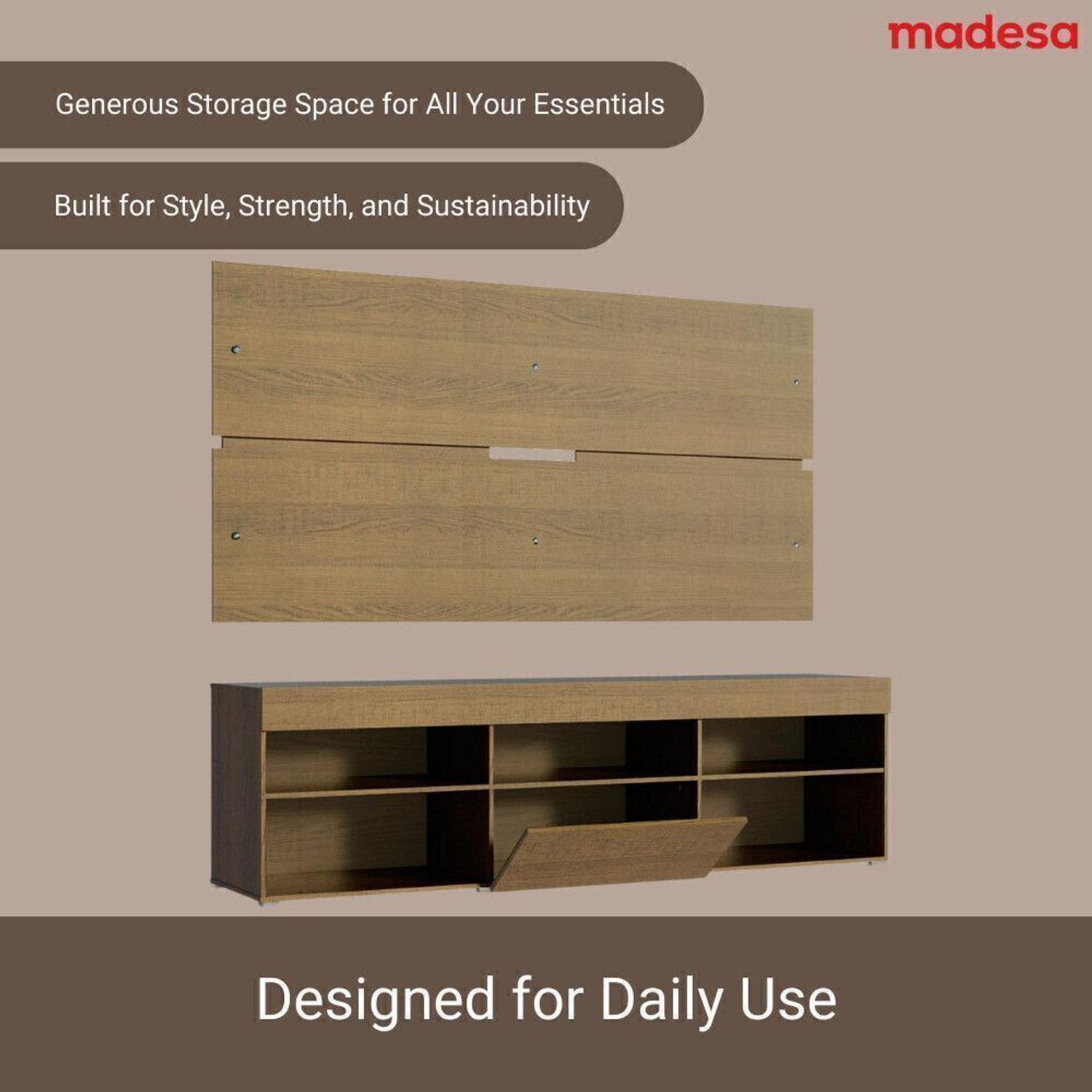 Image of Madesa 187cm Width, Modern Engineered Wood TV Entertainment Unit (Finish Color - Brown, Knock Down)