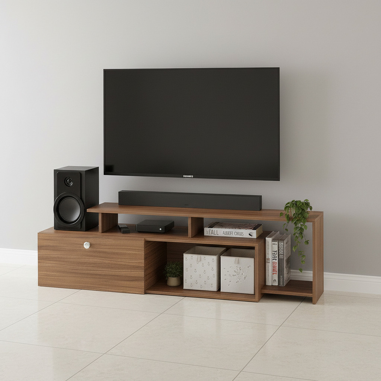 Image of FURNEASER Dexon Tv Unit | Led TV Cabinet | TV Stand for 55 inch | Engineered Wood TV Entertainment Unit (Finish Color - Exotic Teak, DIY(Do-It-Yourself))