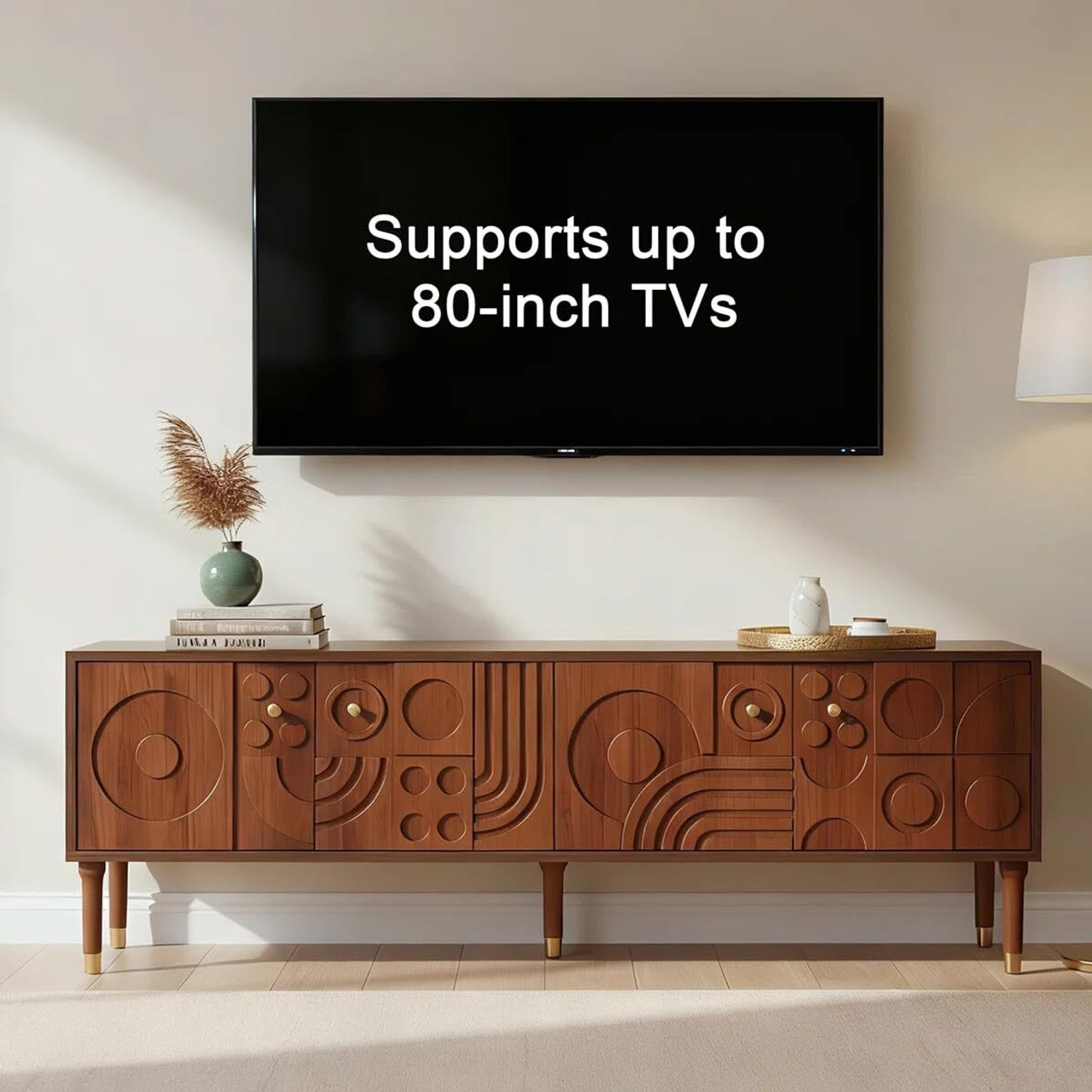 Image of ISHIKA FURNITURE Screenza Mid-Century Modern TV Stand with 4 Door Panels, Solid Wood TV Entertainment Unit (Finish Color - Walnut Finish, DIY(Do-It-Yourself))