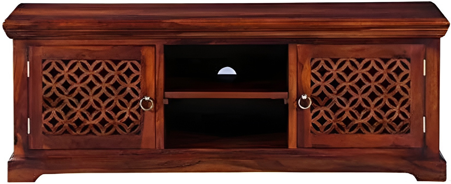 Image of Shree Jeen Mata Enterprises Solid Wood TV Cabinet|Wooden TV Rack|Sheesham Wood TV Entertainment Unit|TV Rack Solid Wood TV Entertainment Unit (Finish Color - Honey Teak, Pre-assembled)