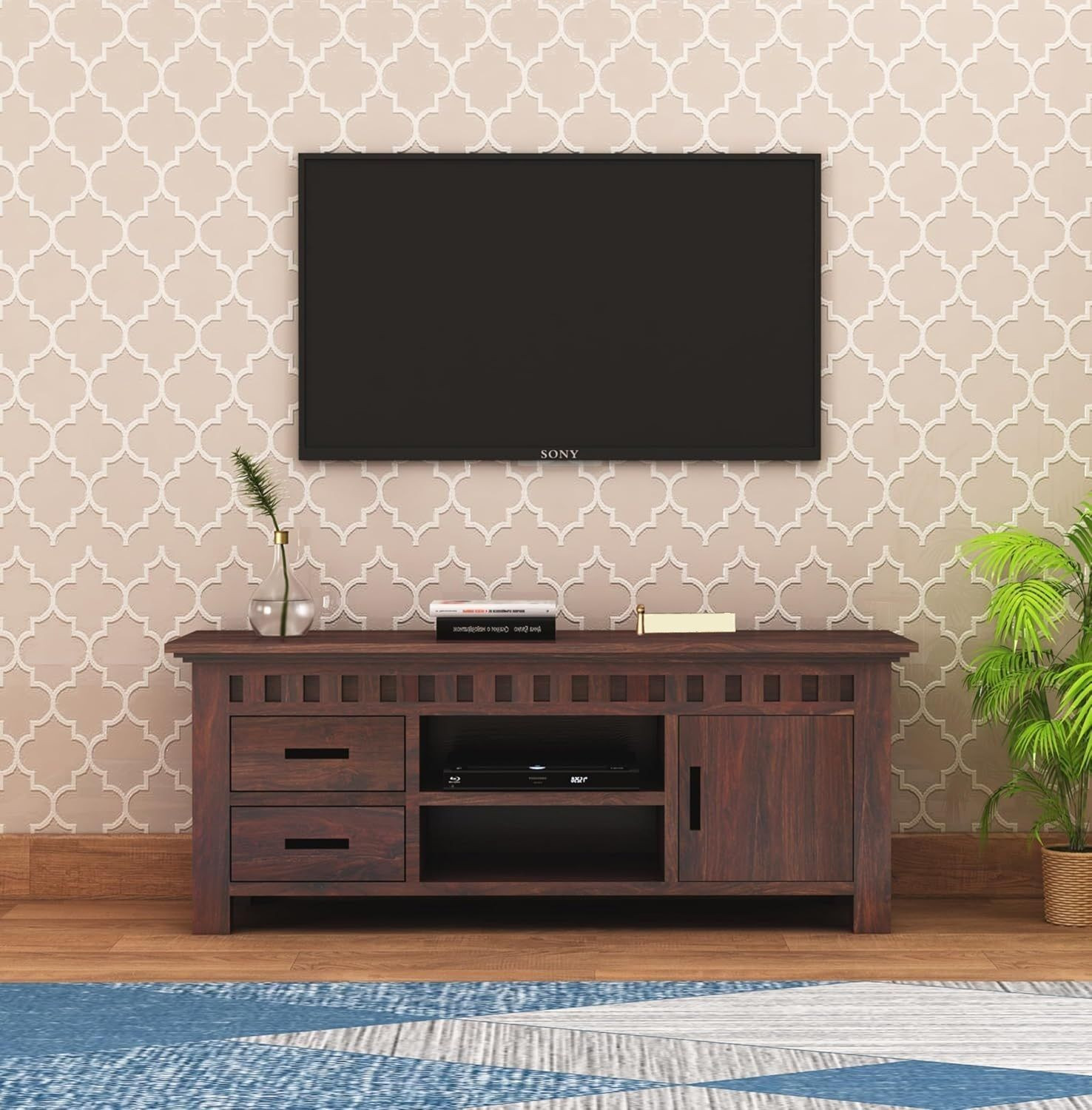 Image of Shree Jeen Mata Enterprises Solid Wood TV Cabinet|Wooden TV Rack|Sheesham Wood TV Entertainment Unit|TV Rack Solid Wood TV Entertainment Unit (Finish Color - Honey Teak, Pre-assembled)