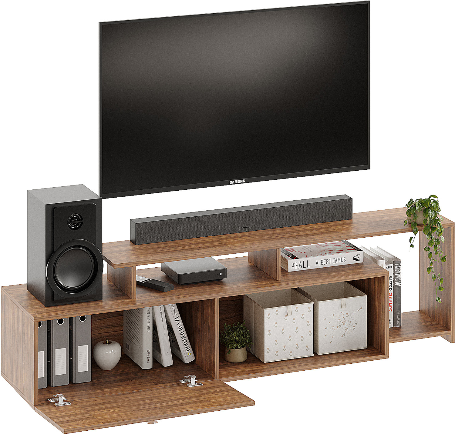 Image of FURNEASER Dexon Tv Unit | Led TV Cabinet | TV Stand for 55 inch | Engineered Wood TV Entertainment Unit (Finish Color - Exotic Teak, DIY(Do-It-Yourself))