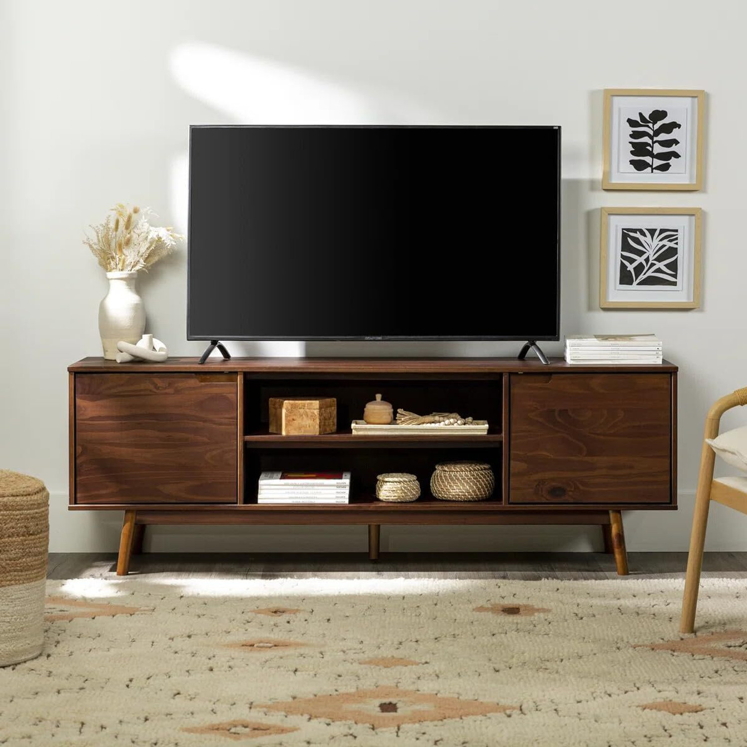 Image of ISHIKA FURNITURE Screenza Mid-Century Modern TV Stand with 4 Door Panels, Solid Wood TV Entertainment Unit (Finish Color - Walnut Finish, DIY(Do-It-Yourself))