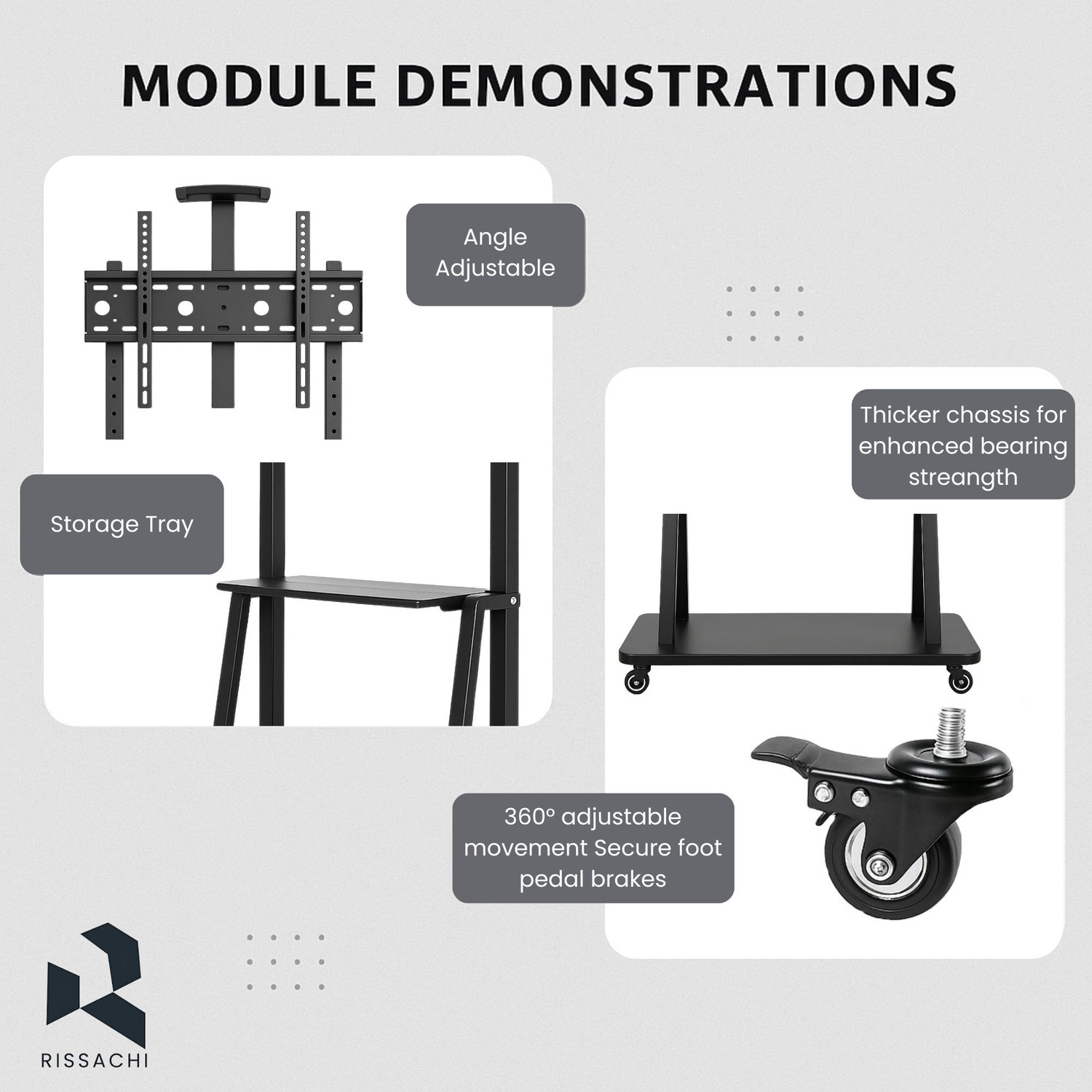 Image of RISSACHI TV Trolley Stand Movable 32-75 Inch with Wheels, LED TV Floor Stand, 3 Shelves Full Motion TV Mount