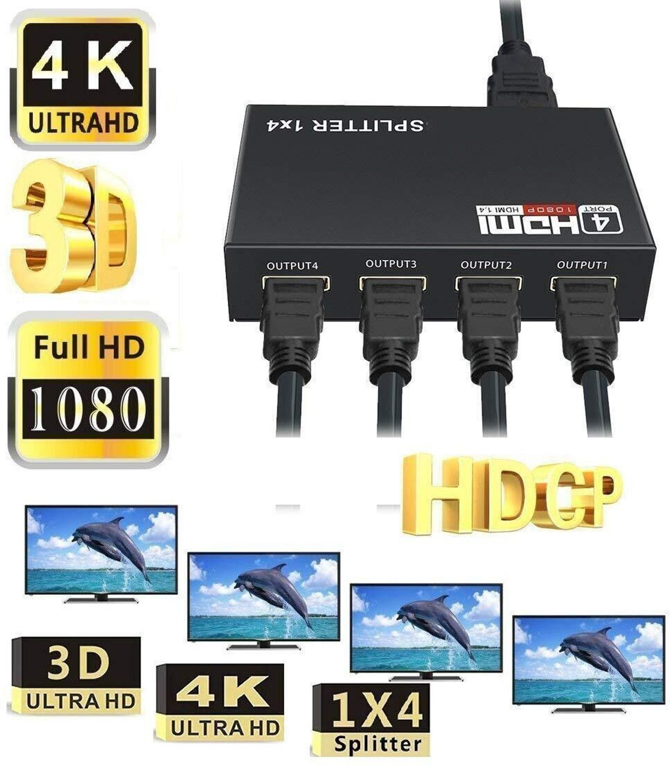 Image of BALRAMA TV-out Cable New Arrival 1X4 HDMI Splitter 1 in 4 Out HDMI Port for TV, Laptop, Monitor, LED, (Black::White::Multi, For TV)