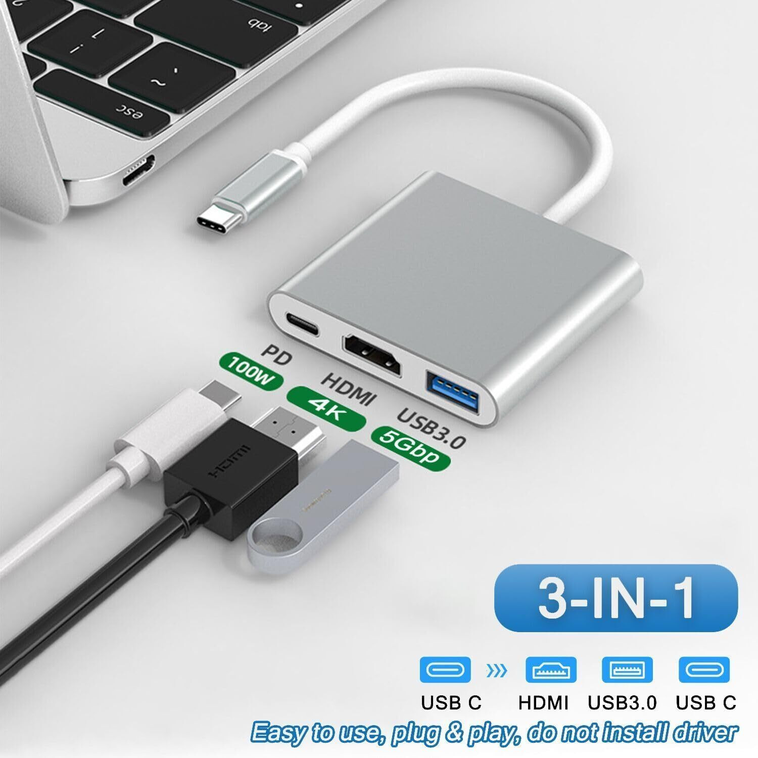 Image of LipiWorld TV-out Cable 3 in 1 Hub Type C to HDMI+USB 3.0+USB-C Charging Port (Silver, For Laptop)