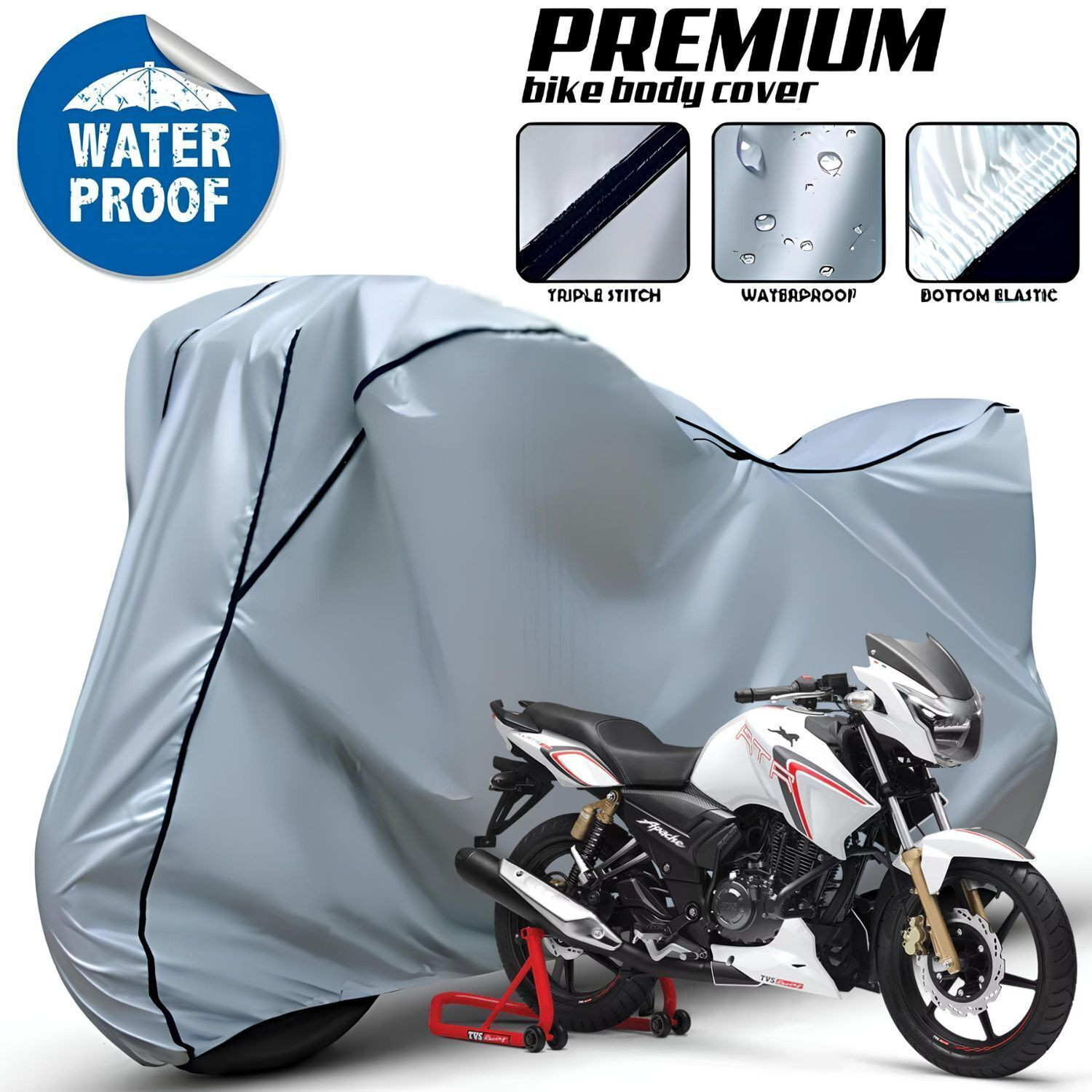 Image of FBC Waterproof Two Wheeler Cover for TVS (Apache, Silver)